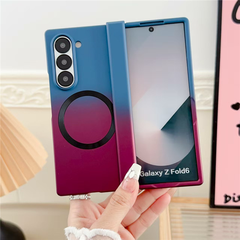 Compatible with Samsung ZFold8/7 phone case, 6/5 wireless charging, magnetic gradient color-blocking Flip7 foldable screen protective case - Blue + Burgundy Z Fold8ultra [Standard Edition]