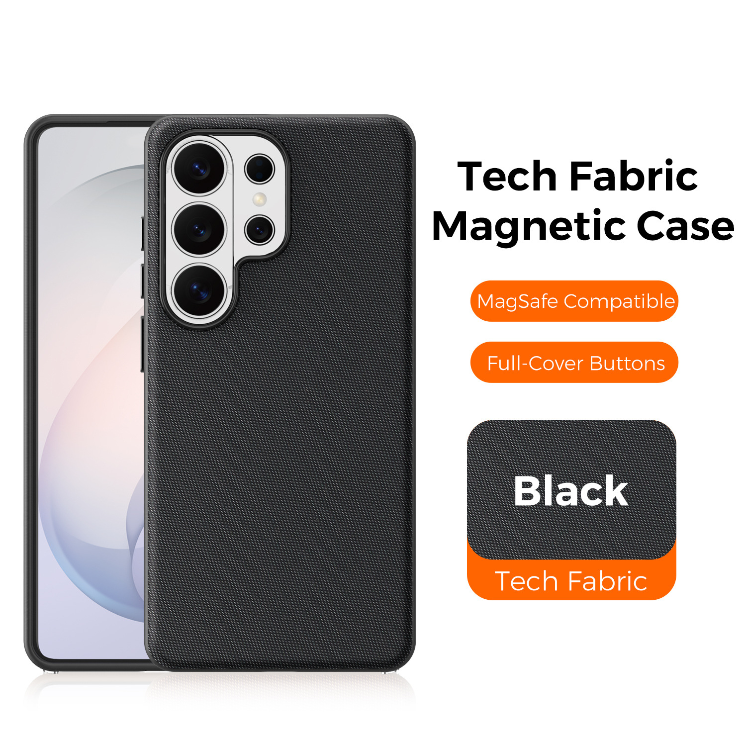 Compatible with Samsung S26 Ultra phone case, S25U wireless charging with built-in magnetic closure, and S24U fabric full-coverage protective case. - Black [Tech Fabric] S26Ultra