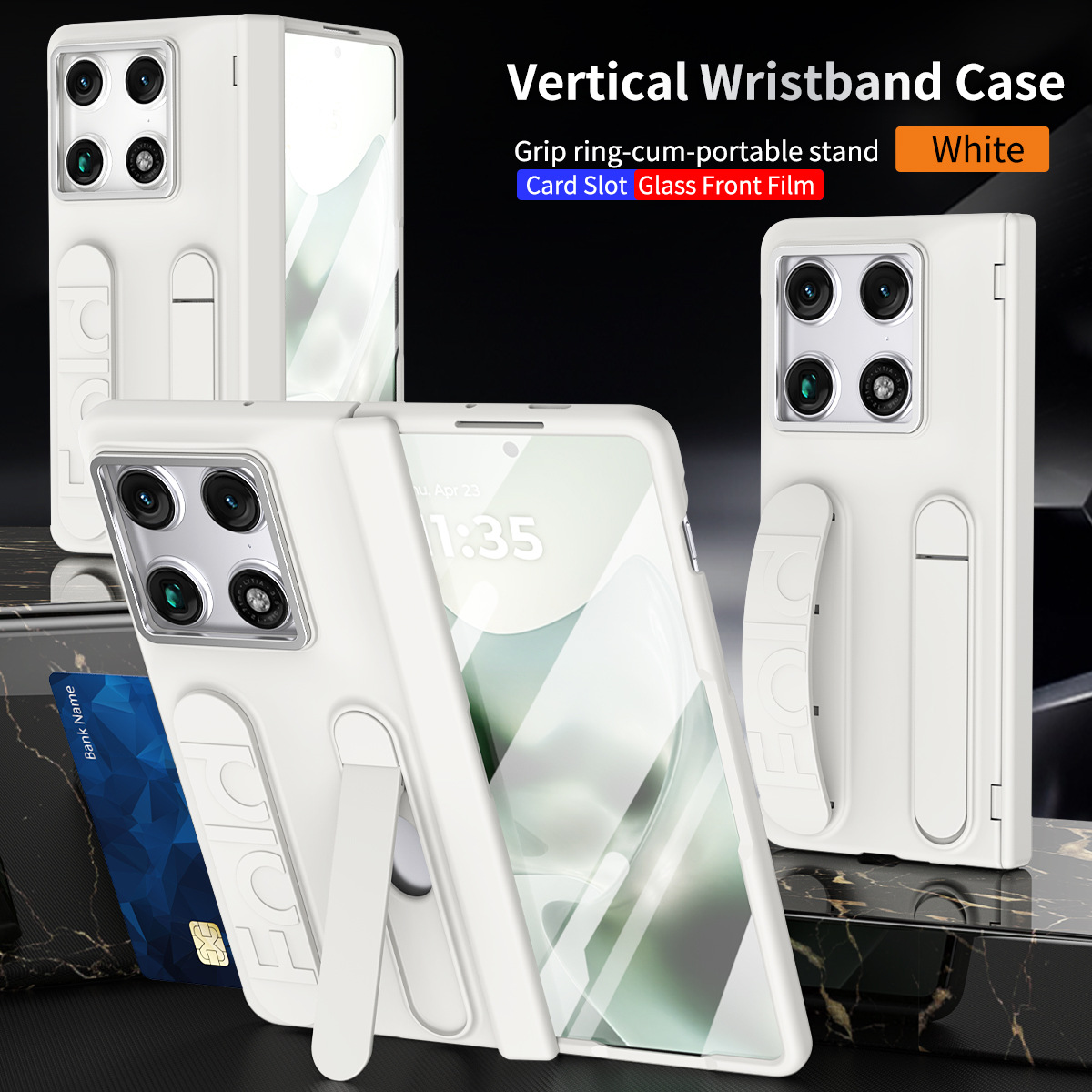 Compatible with Moto Razr Fold folding phone case, card slot holder, wrist strap, hinge case, screen protector, full-coverage protective case - White [Casing] Iris SIM Card Insert Moto Razr Fold