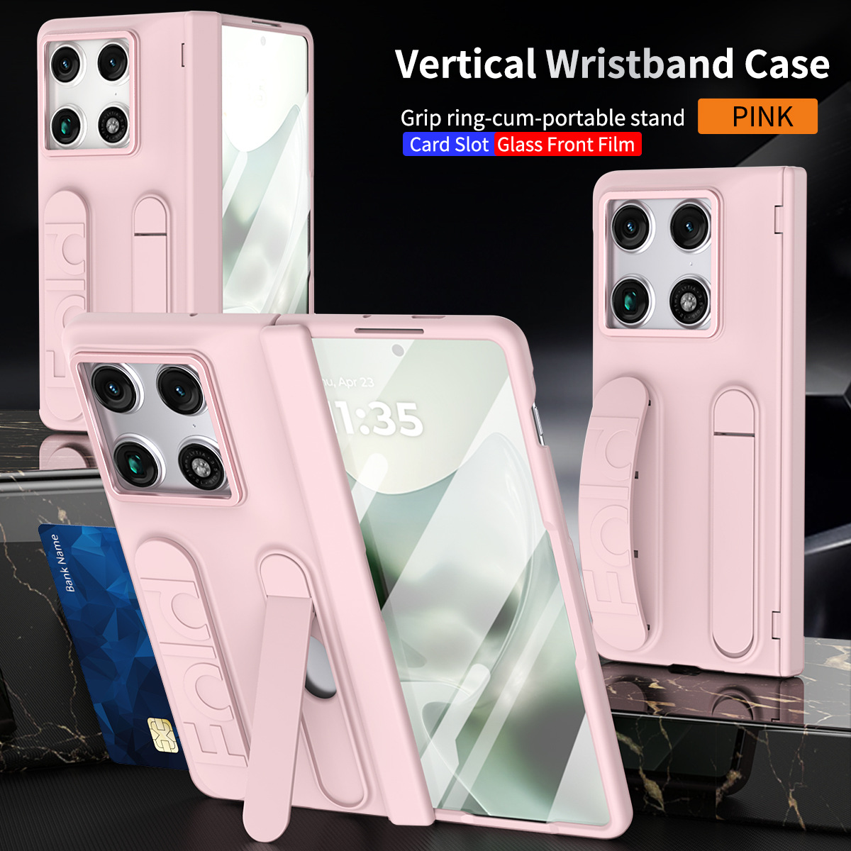 Compatible with Moto Razr Fold folding phone case, card slot holder, wrist strap, hinge case, screen protector, full-coverage protective case - Pink [Casing] with Iridescent SIM Card Insert Moto Razr Fold