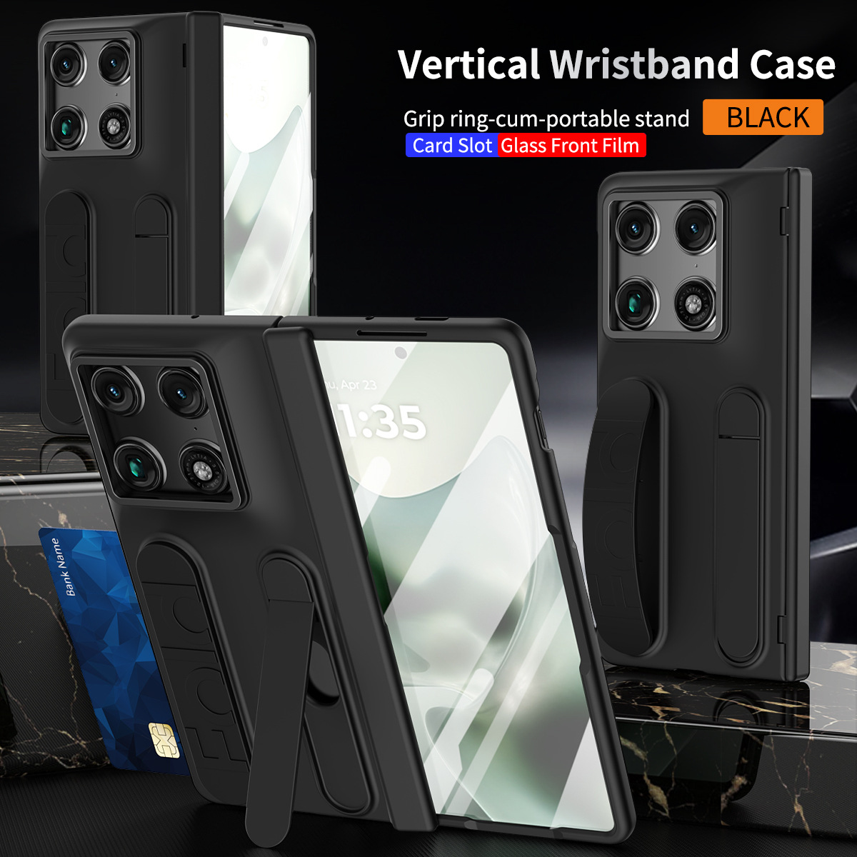 Compatible with Moto Razr Fold folding phone case, card slot holder, wrist strap, hinge case, screen protector, full-coverage protective case - Black [Casing] Iris SIM Card Insert Moto Razr Fold