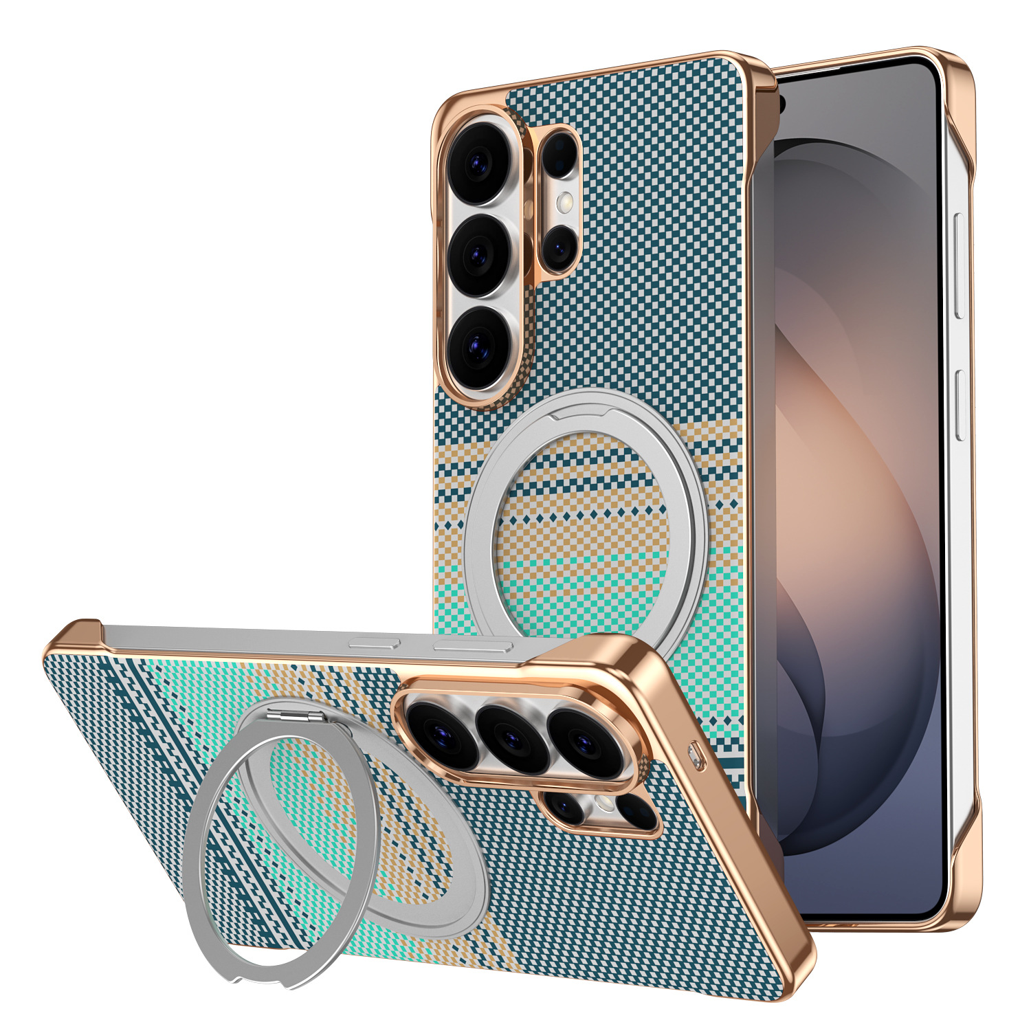 Compatible with Samsung S26 Ultra phone case, rotating magnetic stand, S25 Ultra frameless hard case, Kevlar texture - Silver S26Ultra