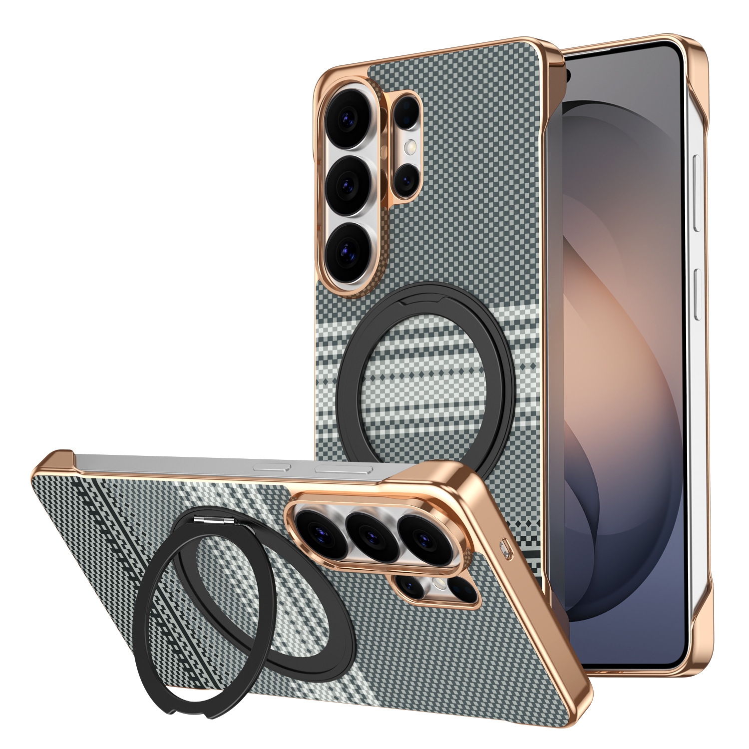 Compatible with Samsung S26 Ultra phone case, rotating magnetic stand, S25 Ultra frameless hard case, Kevlar texture - Black S26Ultra