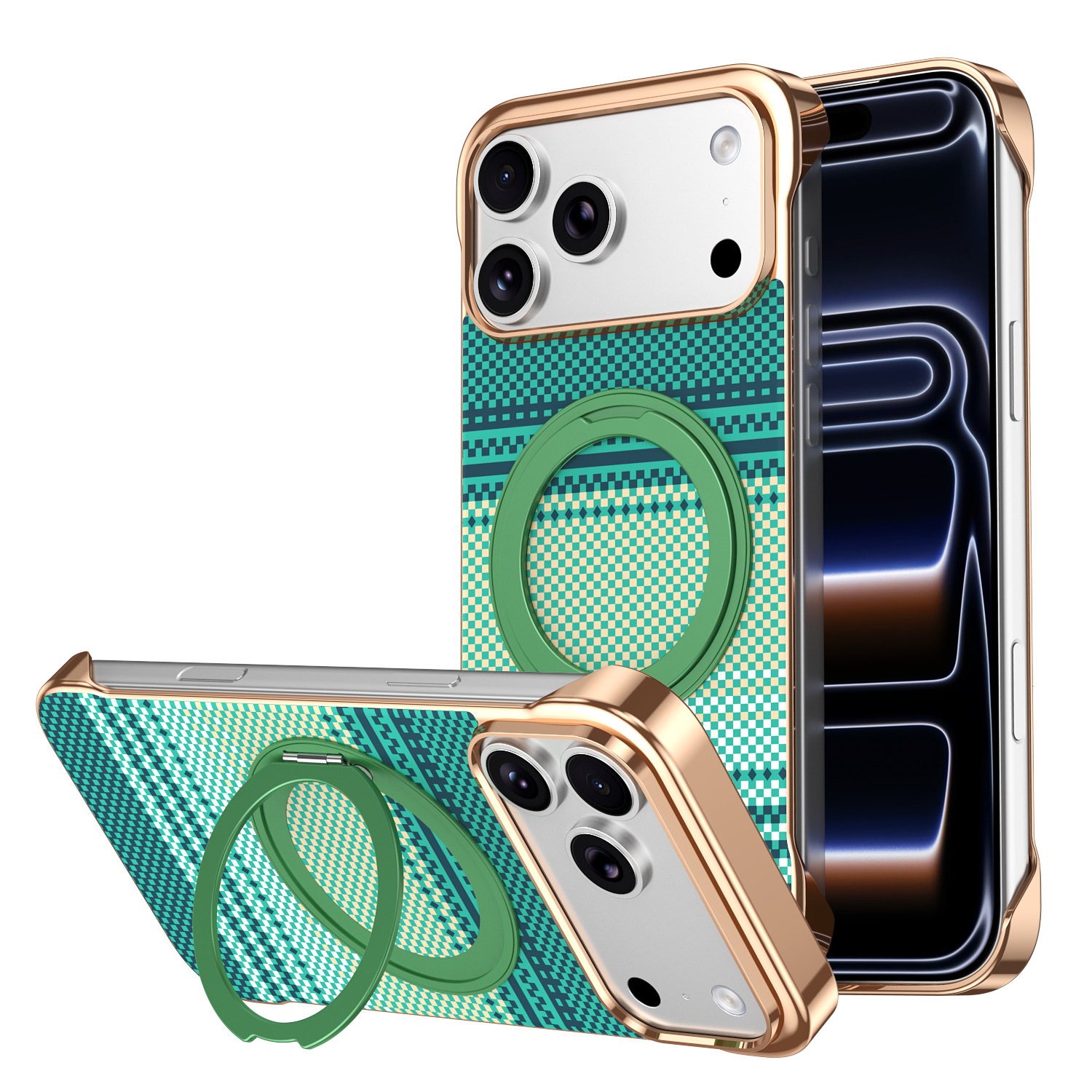 Compatible with Apple 17 Pro Max phone case, 16 Pro magnetic rotating ring holder, 15/14mm skin-feel semi-enclosed back cover - Green IP-17promax