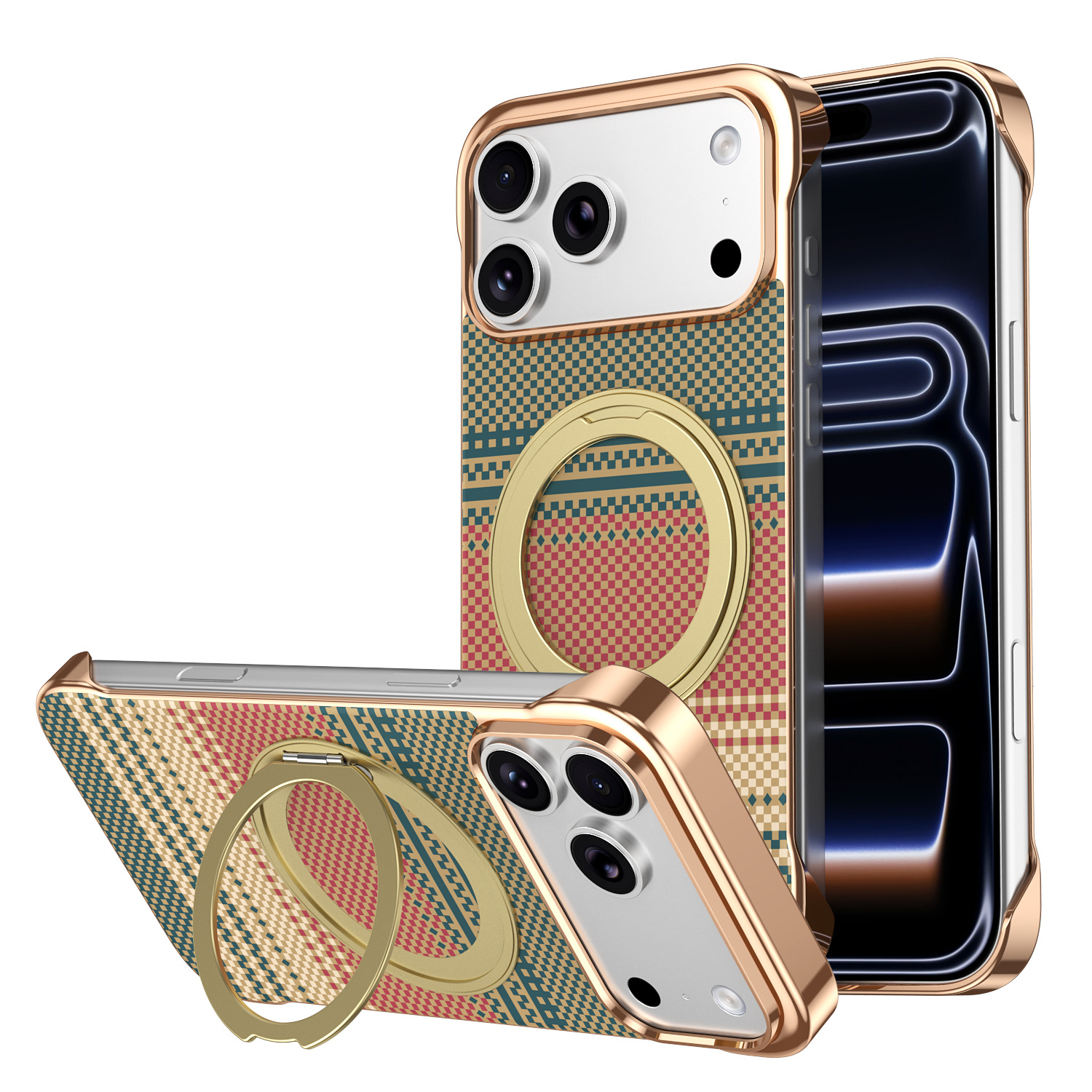 Compatible with Apple 17 Pro Max phone case, 16 Pro magnetic rotating ring holder, 15/14mm skin-feel semi-enclosed back cover - Gold IP-17promax
