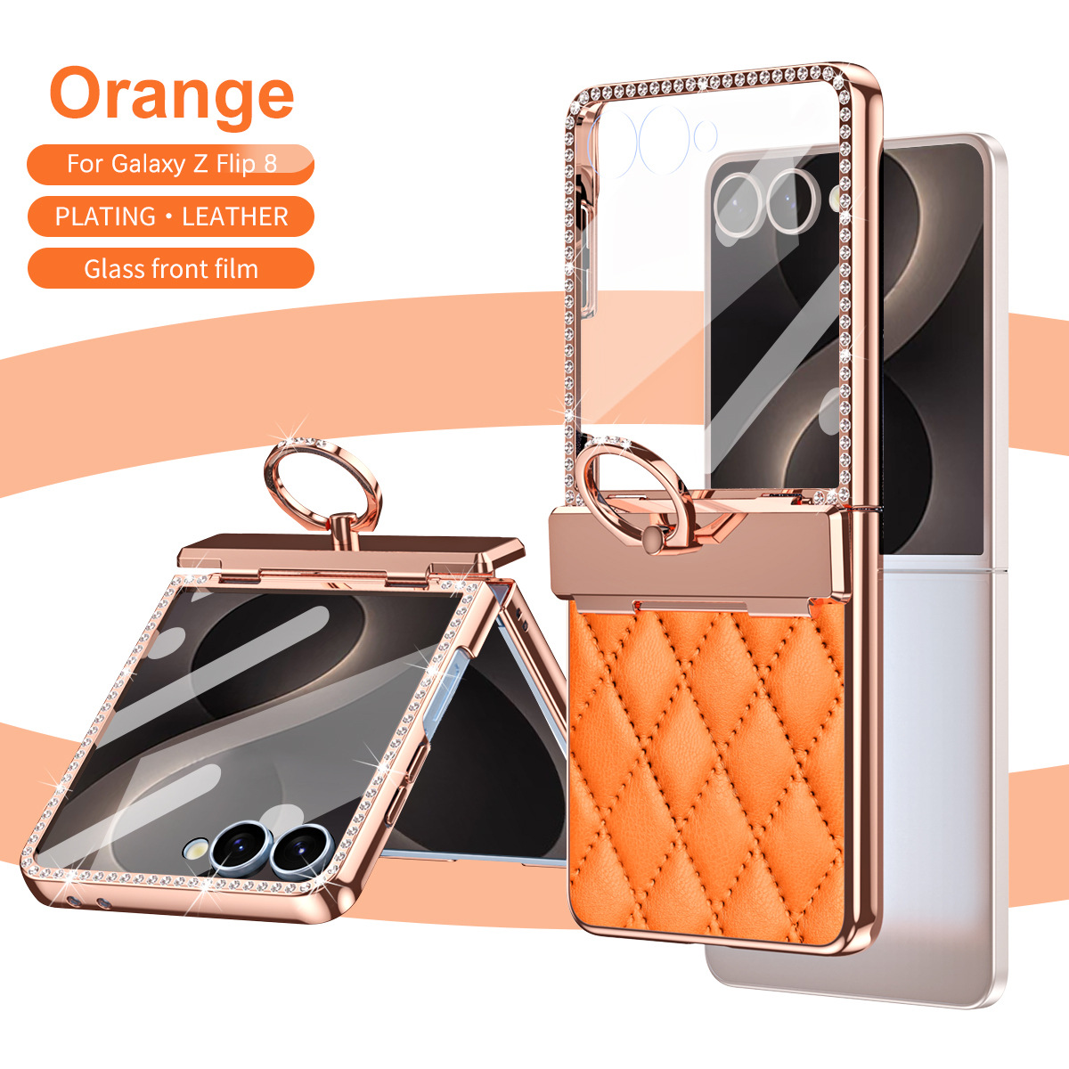 Compatible with Samsung Z Flip8 phone case, Flip7 rhinestone mini ring holder case, screen protector, full coverage protective case - Orange [Integrated Case and Screen Protector] Samsung Z Flip8
