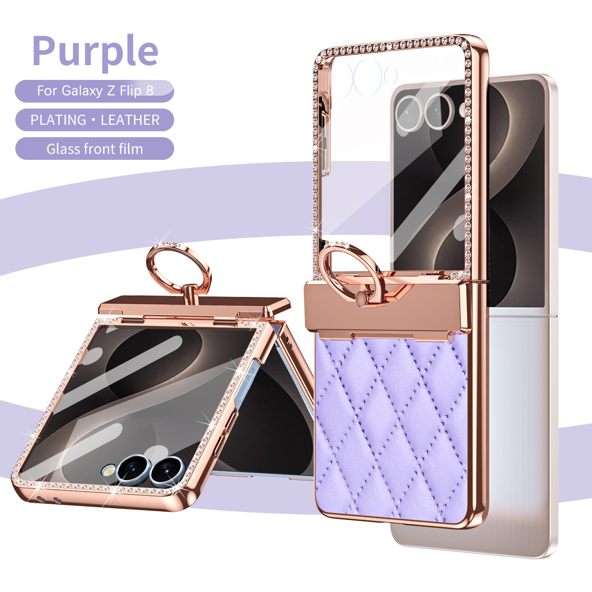 Compatible with Samsung Z Flip8 phone case, Flip7 rhinestone mini ring holder case, screen protector, full coverage protective case - Purple [Integrated Case and Screen Protector] Samsung Z Flip8