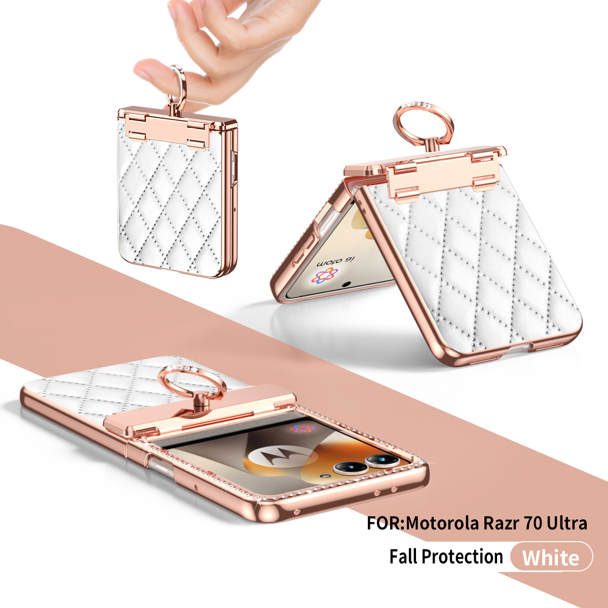 Compatible with Moto 70 Ultra phone case, Motorola 60/50U vegan leather electroplated ring case, full-coverage protection. - White [No film] Razr-70U