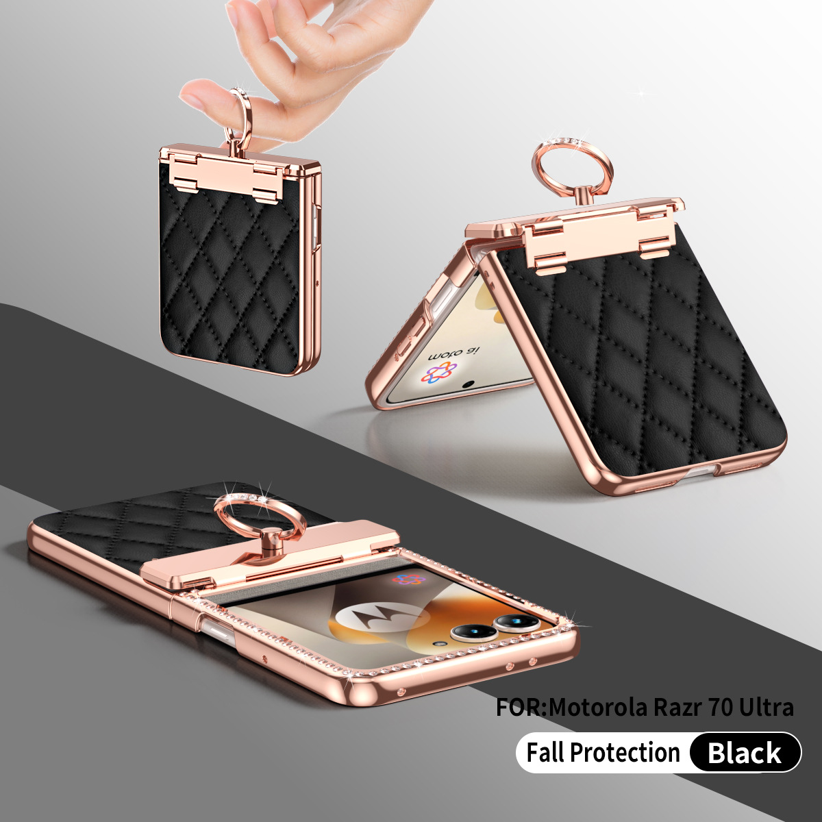Compatible with Moto 70 Ultra phone case, Motorola 60/50U vegan leather electroplated ring case, full-coverage protection. - Black [Uncoated] Razr-70U