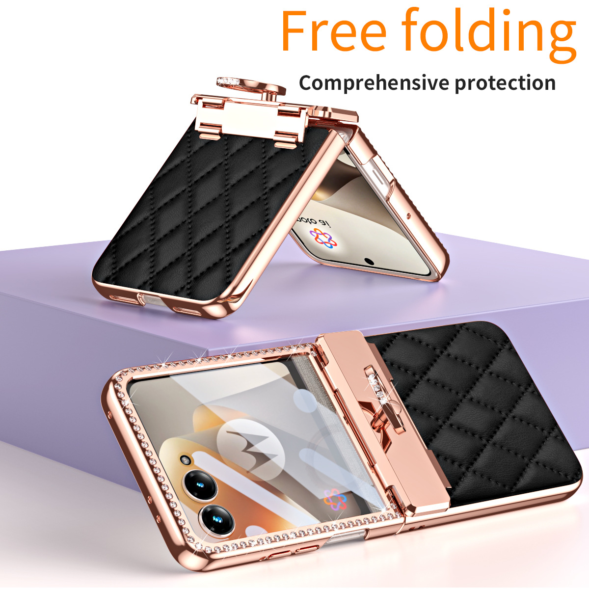 Compatible with Moto 70 Ultra phone case, Motorola 60/50U vegan leather electroplated ring case, full-coverage protection. - Black [with film] Razr-70U