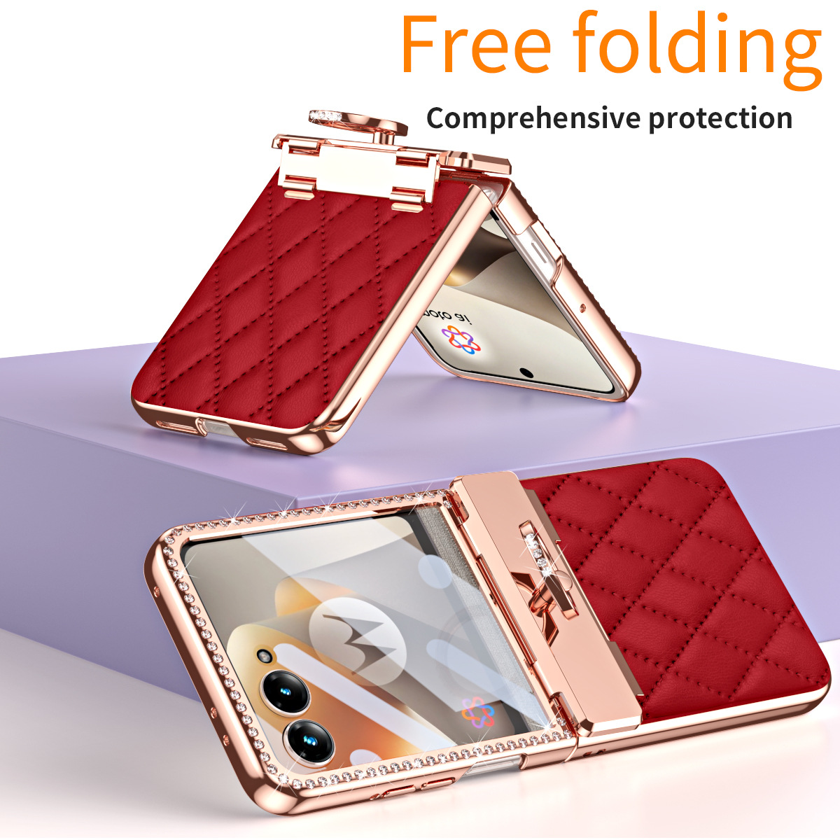 Compatible with Moto 70 Ultra phone case, Motorola 60/50U vegan leather electroplated ring case, full-coverage protection. - Red [with film] Razr-70U