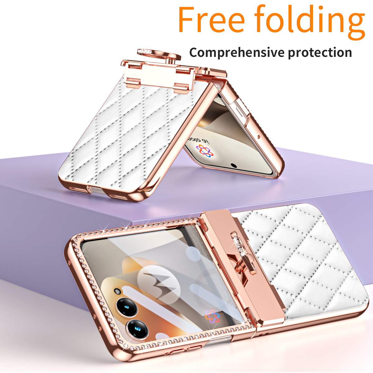 Compatible with Moto 70 Ultra phone case, Motorola 60/50U vegan leather electroplated ring case, full-coverage protection. - White [with film] Razr-70U