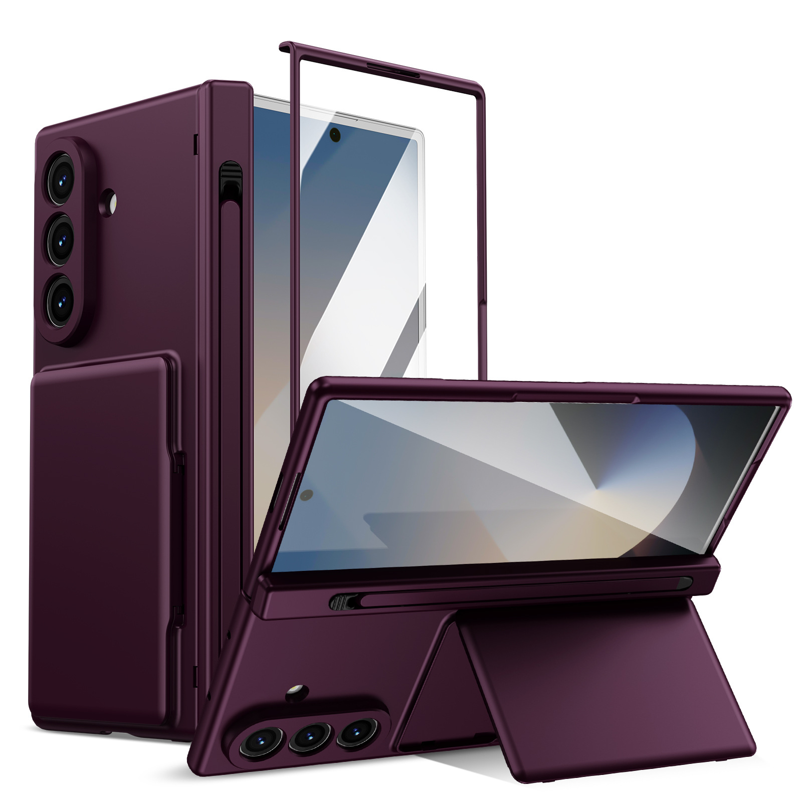 Compatible with Samsung Z Fold8U phone case 7/6/5 card holder stand pen slot hinge 4/3 case film full coverage protective case - Burgundy Z Fold8 Ultra Card Holder with Pen Slot (Casing and Protective Film) [Standard Version] 