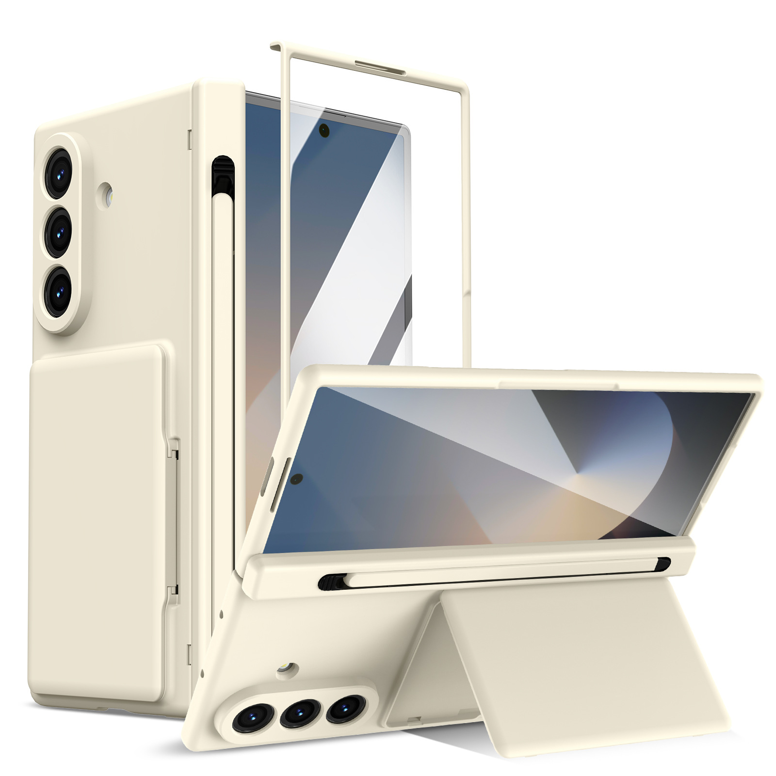 Compatible with Samsung Z Fold8U phone case 7/6/5 card holder stand pen slot hinge 4/3 case film full coverage protective case - Apricot White [Casing with Pen] Card Holder with Pen Slot Z Fold8 Ultra [Standard Version]