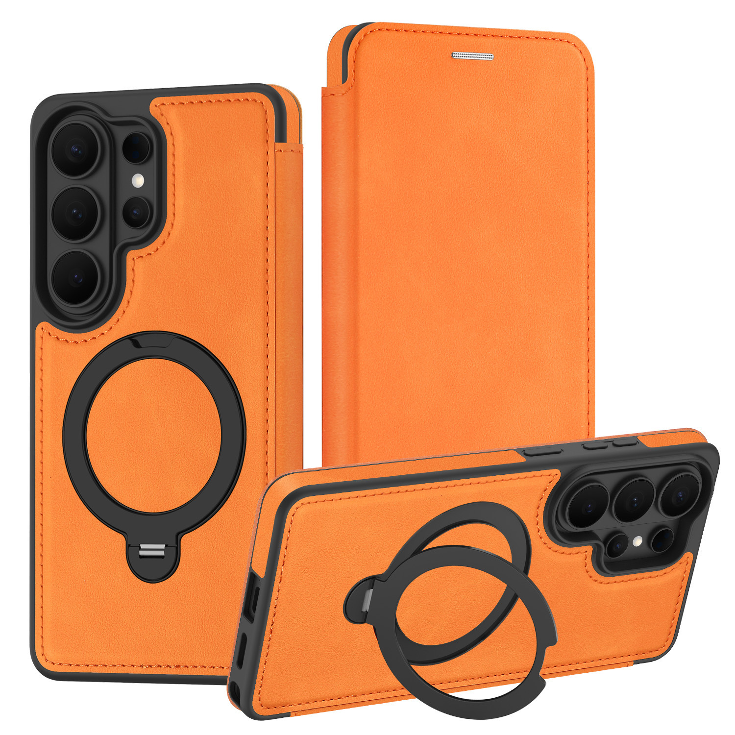 Compatible with Samsung S26 Ultra phone case A57 flip phone with SIM card slot 25P rotating stand S24 business leather case A35 - Orange [Armor Shield] Leather Suit S26 Ultra