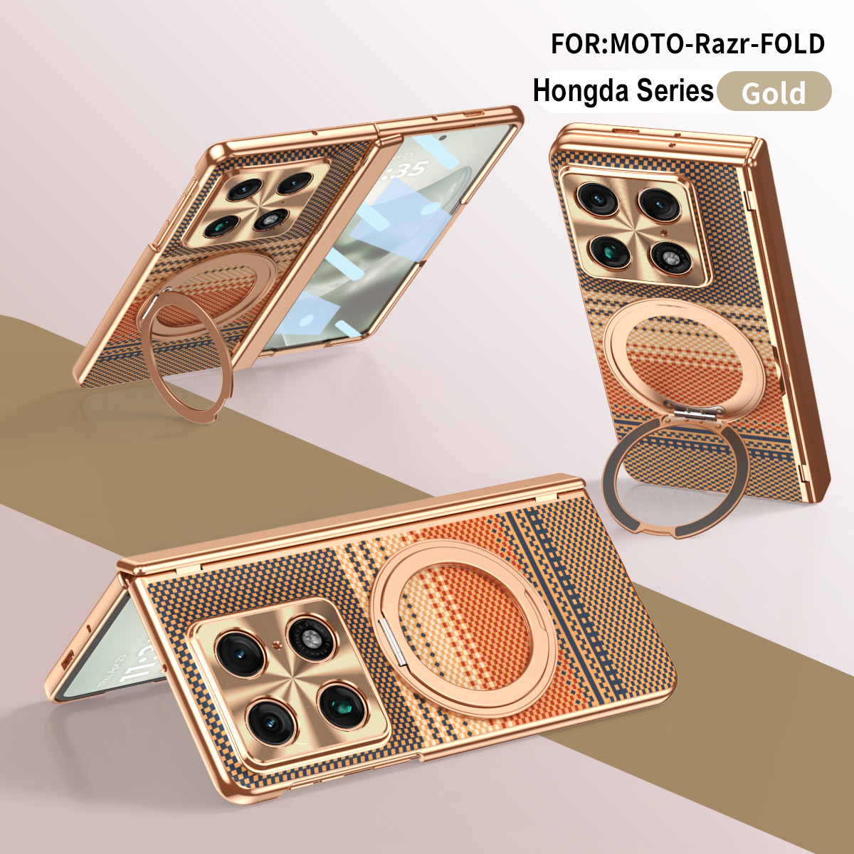 Compatible with Moto Razr Fold phone case, 360 magnetic stand, electroplated leather case, full coverage, shockproof protective case. - Gold [Shell Cover] Hongda Moto-RazrFold