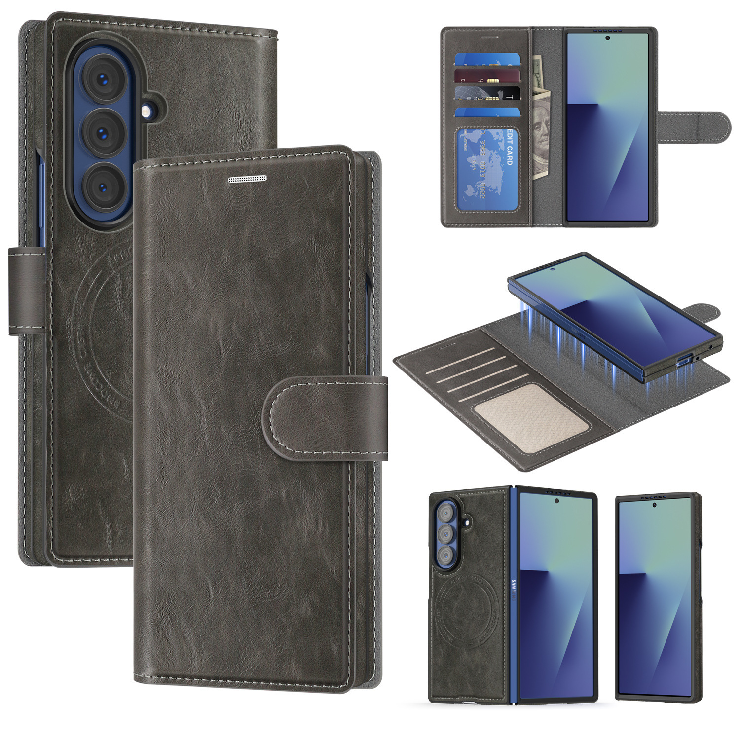Compatible with Samsung Z Fold7/8 Ultra phone case, 6/5cm wireless charging magnetic flip case, 4/3cm SIM card slot, full-coverage leather case. - Gray [Spirit Shield Magnetic Folding Leather Case] Z Fold8ultra [Standard Edition]