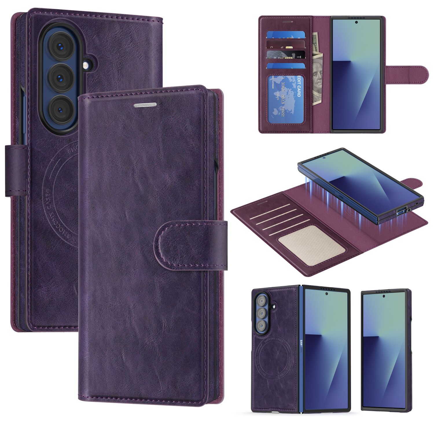 Compatible with Samsung Z Fold7/8 Ultra phone case, 6/5cm wireless charging magnetic flip case, 4/3cm SIM card slot, full-coverage leather case. - Purple [Spirit Shield Magnetic Folding Leather Case] Z Fold8ultra [Standard Edition]