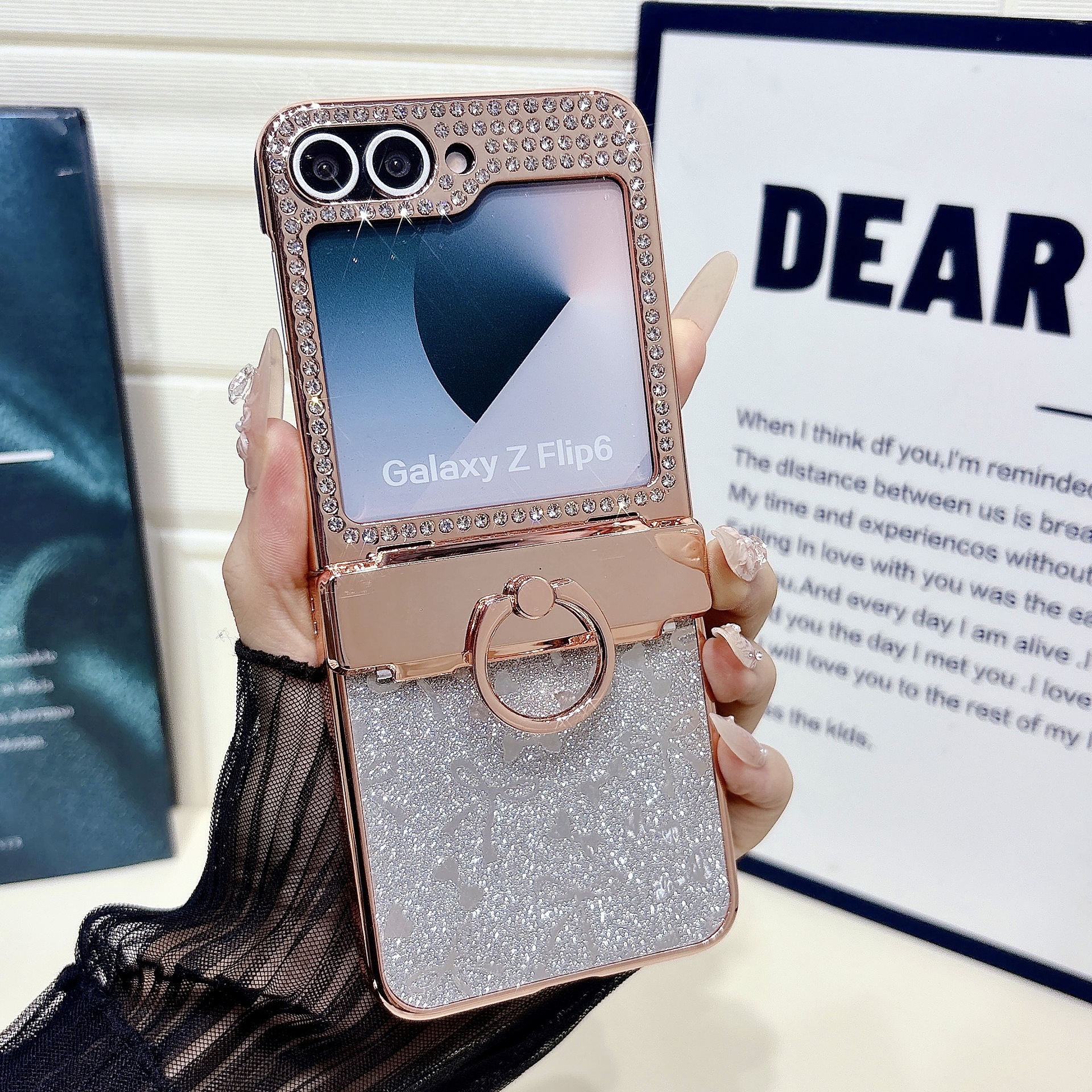 Compatible with Samsung Z Flip 8/7 phone case 6/5 bow glitter hinge ring stand drop protection case - Silver [No film] Samsung Z Flip8