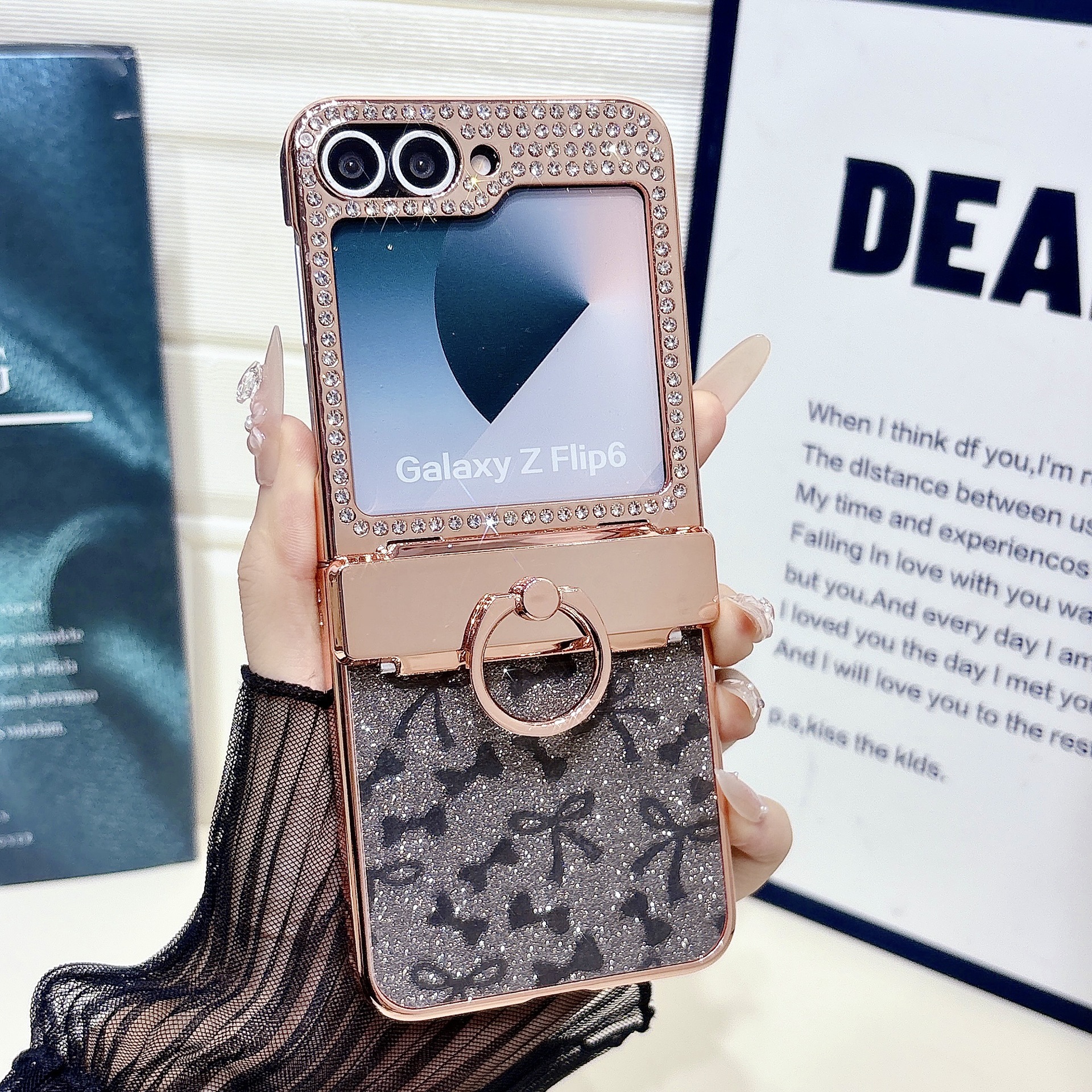 Compatible with Samsung Z Flip 8/7 phone case 6/5 bow glitter hinge ring stand drop protection case - Black [No film] Samsung Z Flip8