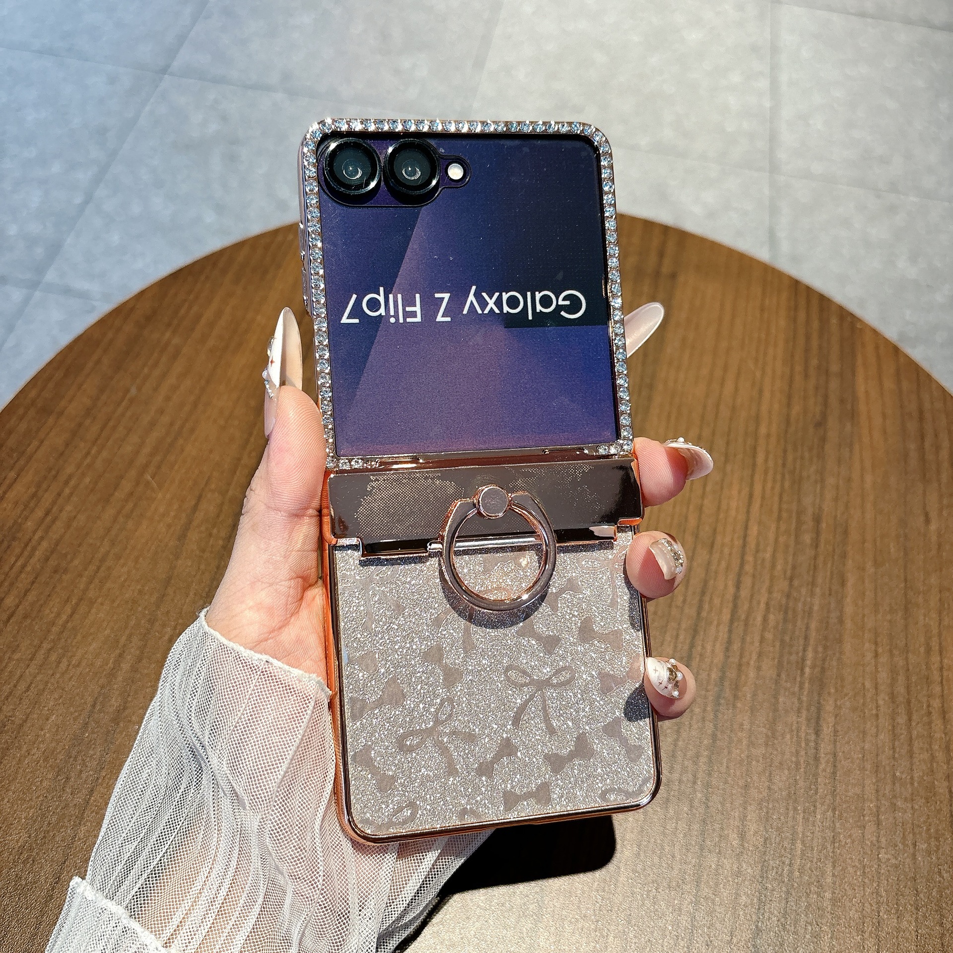 Compatible with Samsung Z Flip 8/7 phone case 6/5 bow glitter hinge ring stand drop protection case - Gold [Integrated Case and Screen Protector] Samsung Z Flip8