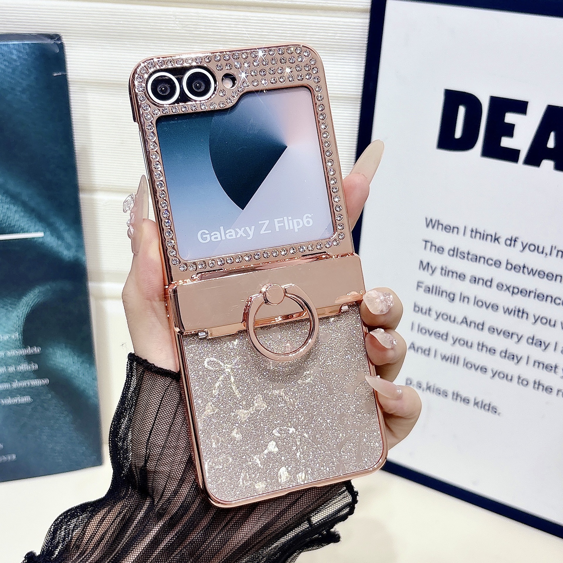 Compatible with Samsung Z Flip 8/7 phone case 6/5 bow glitter hinge ring stand drop protection case - Gold [No Film] Samsung Z Flip8