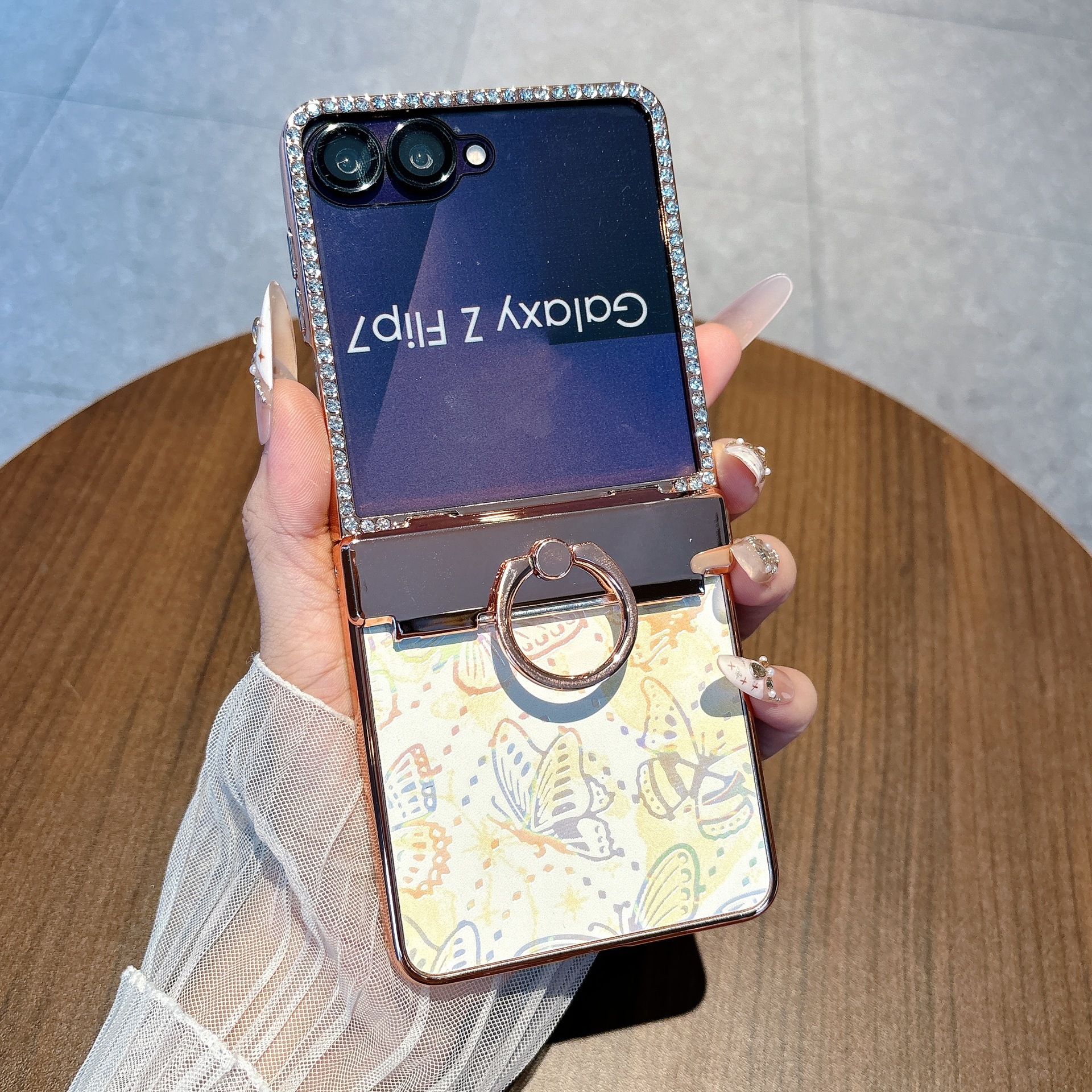 Compatible with Samsung Z Flip8 phone case 7/6/5, electroplated ring holder, vegan leather, rhinestone-studded hinge, full-coverage protective case - Yellow [Butterfly] Samsung Z Flip8 [Integrated Case and Screen Protector]