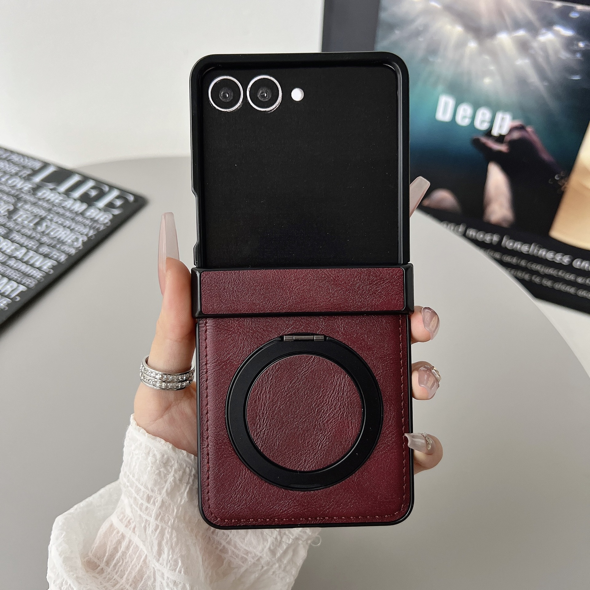 Compatible with Samsung ZFlip 8/7 phone case, magnetic rotating stand, wireless charging, 6/5 vegan leather, drop-proof, 4/3 protective case - Wine Red DY SM-Z Flip8