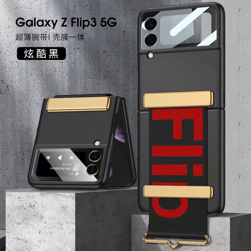 Compatible with Samsung Z Flip 7/6/5 phone case, 4/3 ultra-thin case, screen protector, letter wristband stand, drop-proof protective case. - Cool Black [Integrated Case and Wristband] Samsung Z Flip7