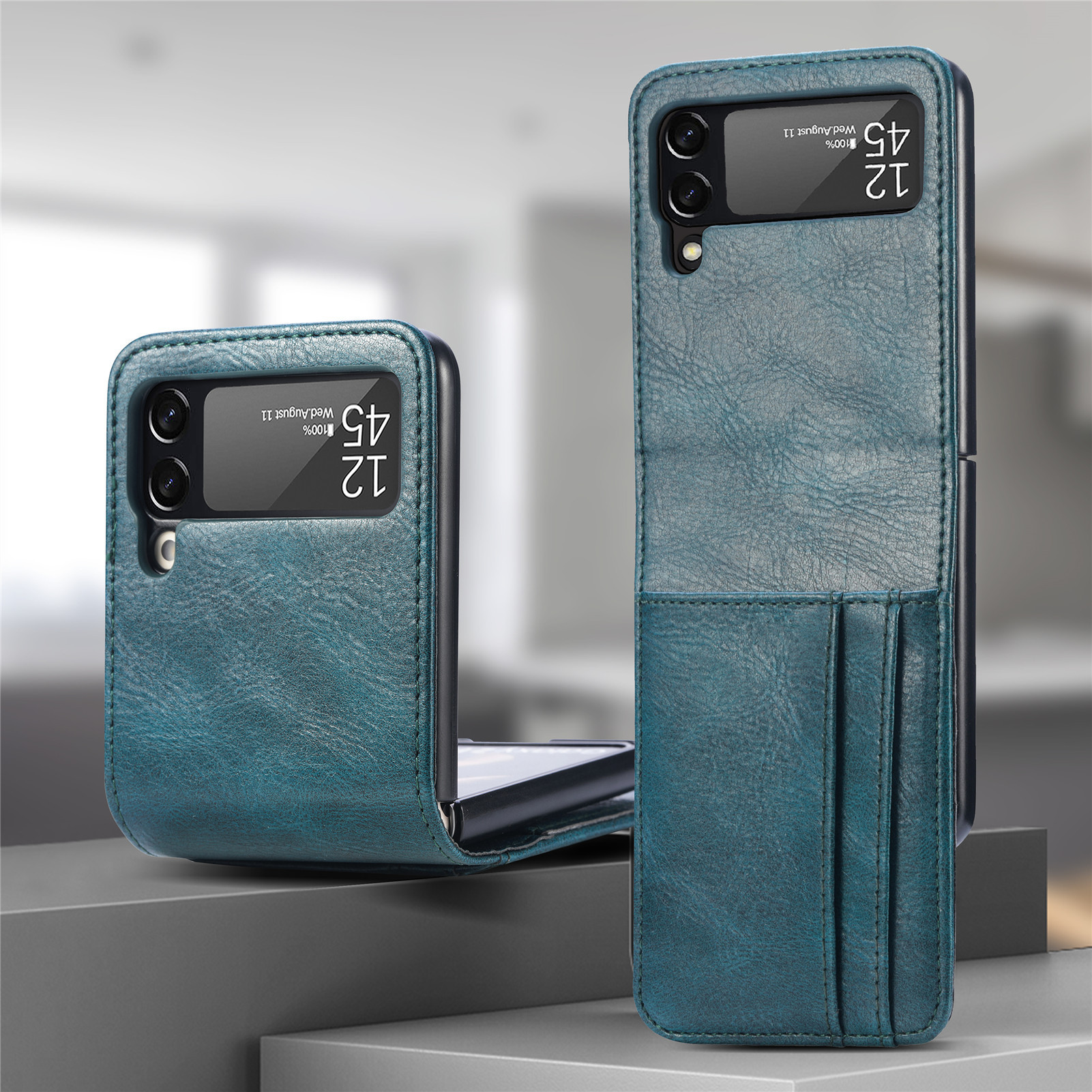 Compatible with Samsung Z Flip3/4/5 and Flip7/6 foldable screen multi-card slot business protective leather case - Teal Samsung Galaxy Z Flip 3