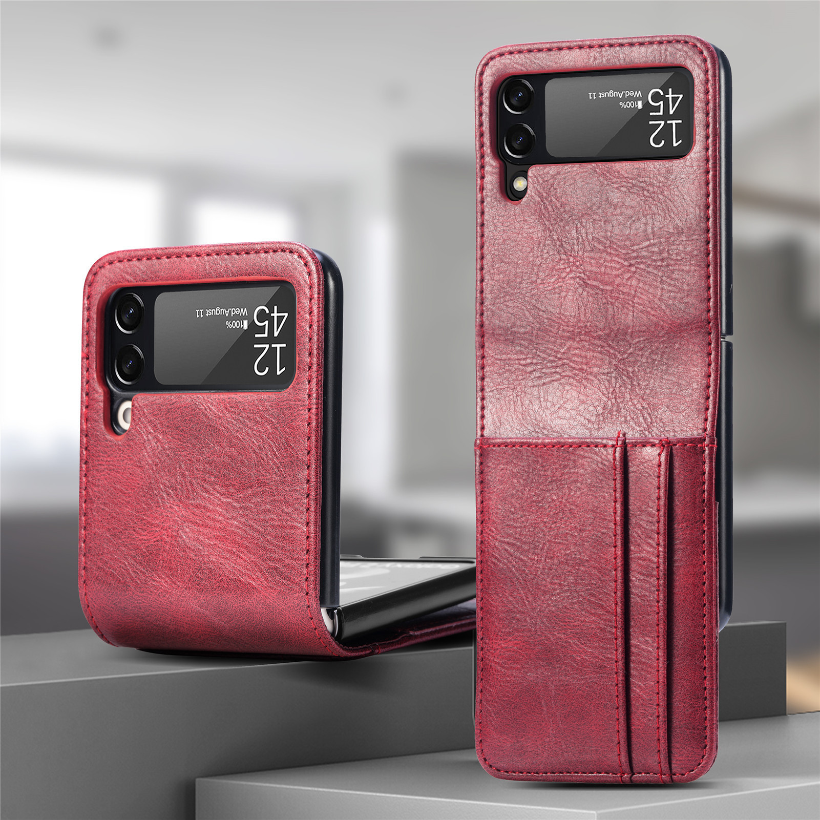 Compatible with Samsung Z Flip3/4/5 and Flip7/6 foldable screen multi-card slot business protective leather case - Red Samsung Galaxy Z Flip 3
