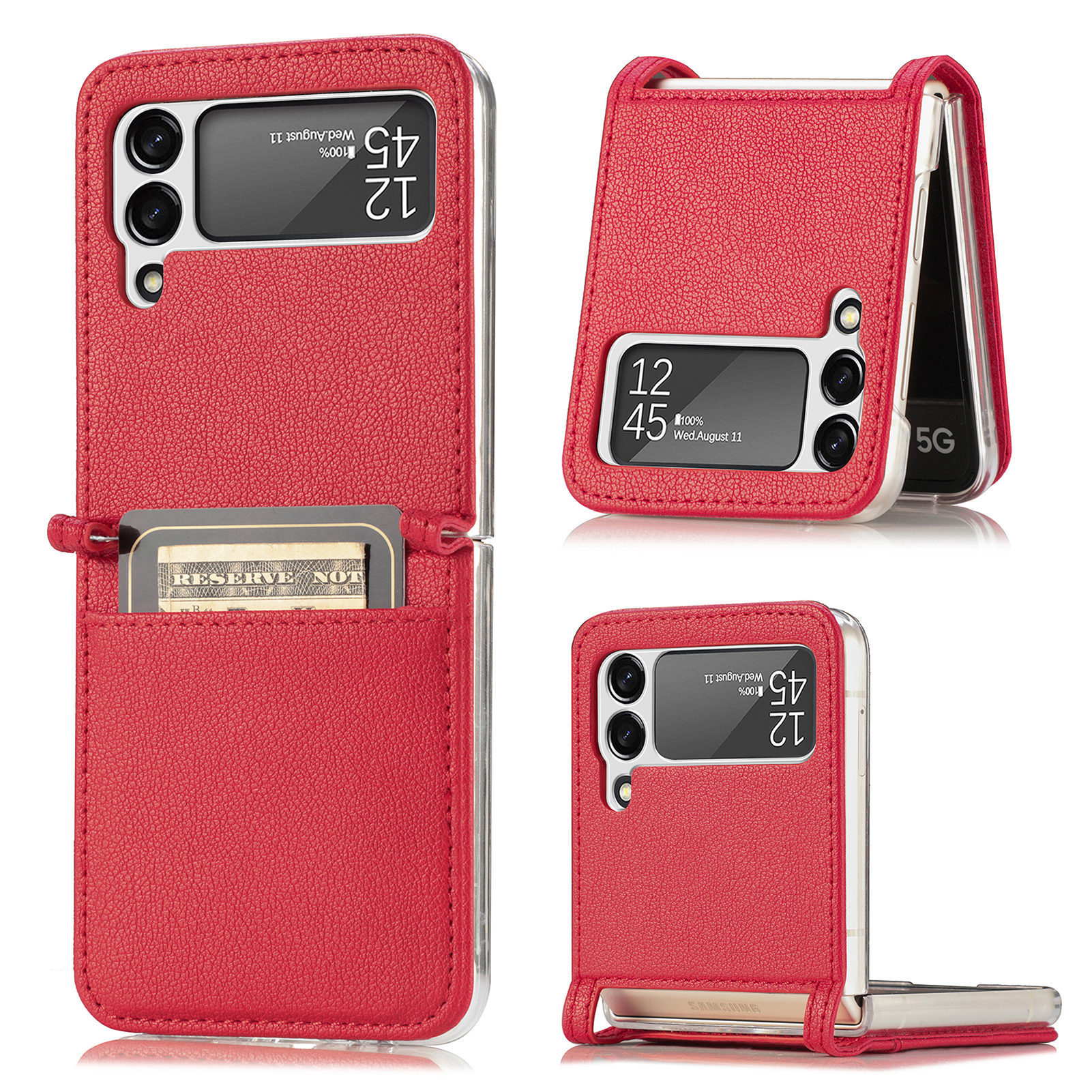 Compatible with Samsung Z Flip 8/7 phone case, 6/5 vegan leather, SIM card slot, 4/3 folding screen, drop-proof protective case, Amazon. - Red Samsung Z Flip8