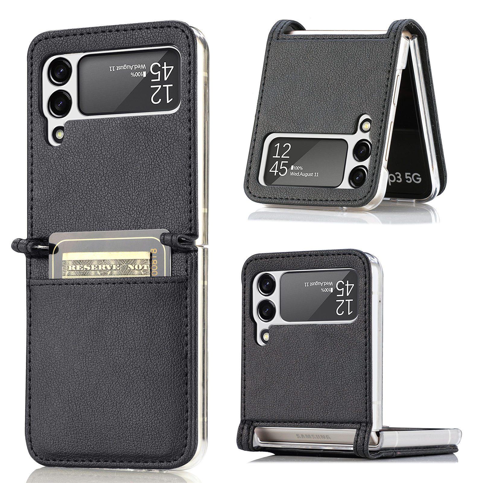 Compatible with Samsung Z Flip 8/7 phone case, 6/5 vegan leather, SIM card slot, 4/3 folding screen, drop-proof protective case, Amazon. - Black Samsung Z Flip8