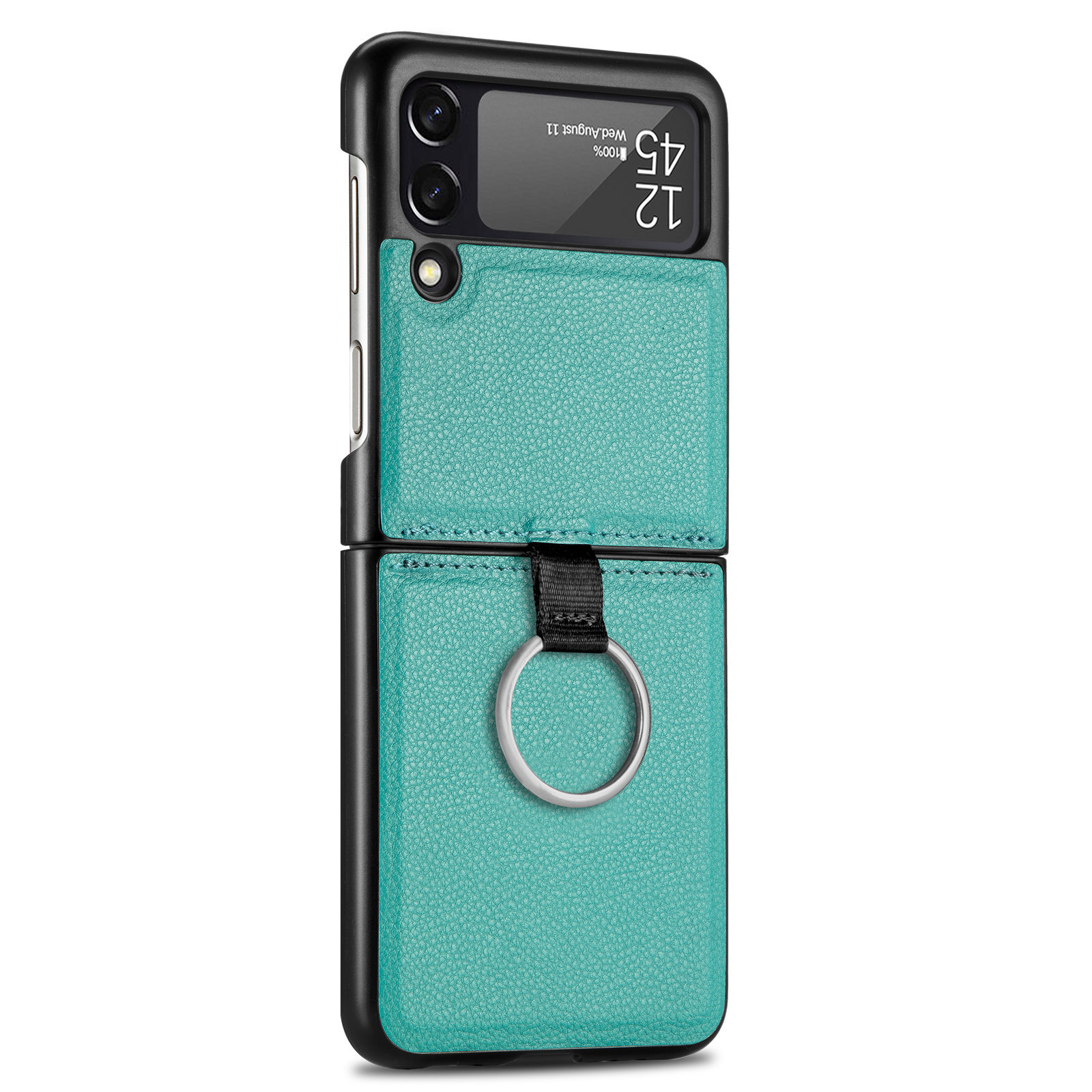 Suitable for Samsung ZFlip 4 phone case, Flip 3 ring integrated folding case, Flip 2 vegan leather PU shockproof protective case - Teal Galaxy Z Flip4