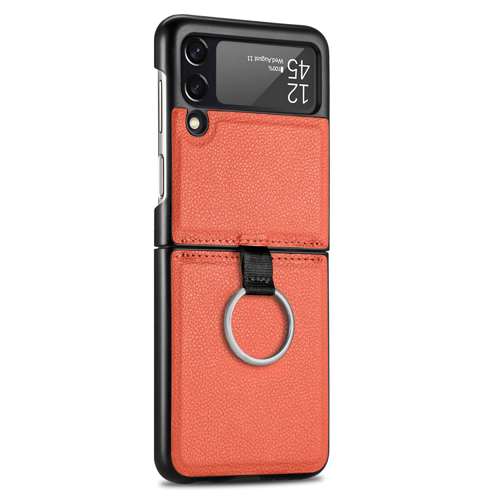 Suitable for Samsung ZFlip 4 phone case, Flip 3 ring integrated folding case, Flip 2 vegan leather PU shockproof protective case - Orange Galaxy Z Flip4