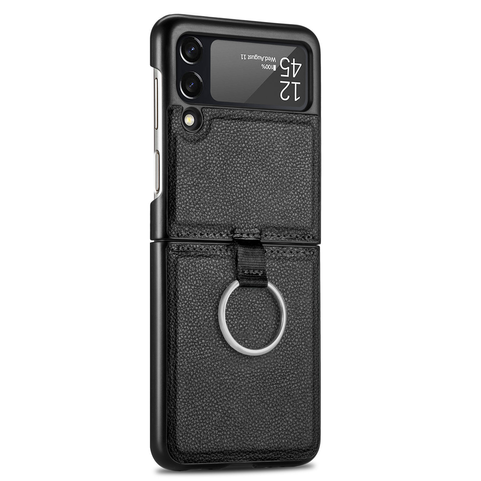 Suitable for Samsung ZFlip 4 phone case, Flip 3 ring integrated folding case, Flip 2 vegan leather PU shockproof protective case - Black Galaxy Z Flip4