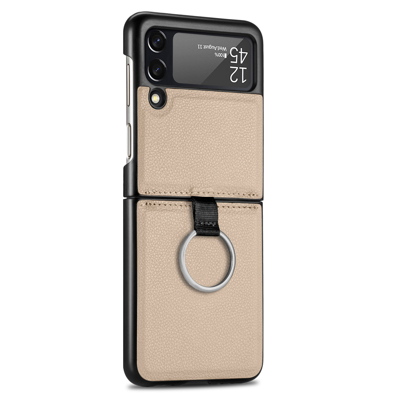 Suitable for Samsung ZFlip 4 phone case, Flip 3 ring integrated folding case, Flip 2 vegan leather PU shockproof protective case - Khaki Galaxy Z Flip4