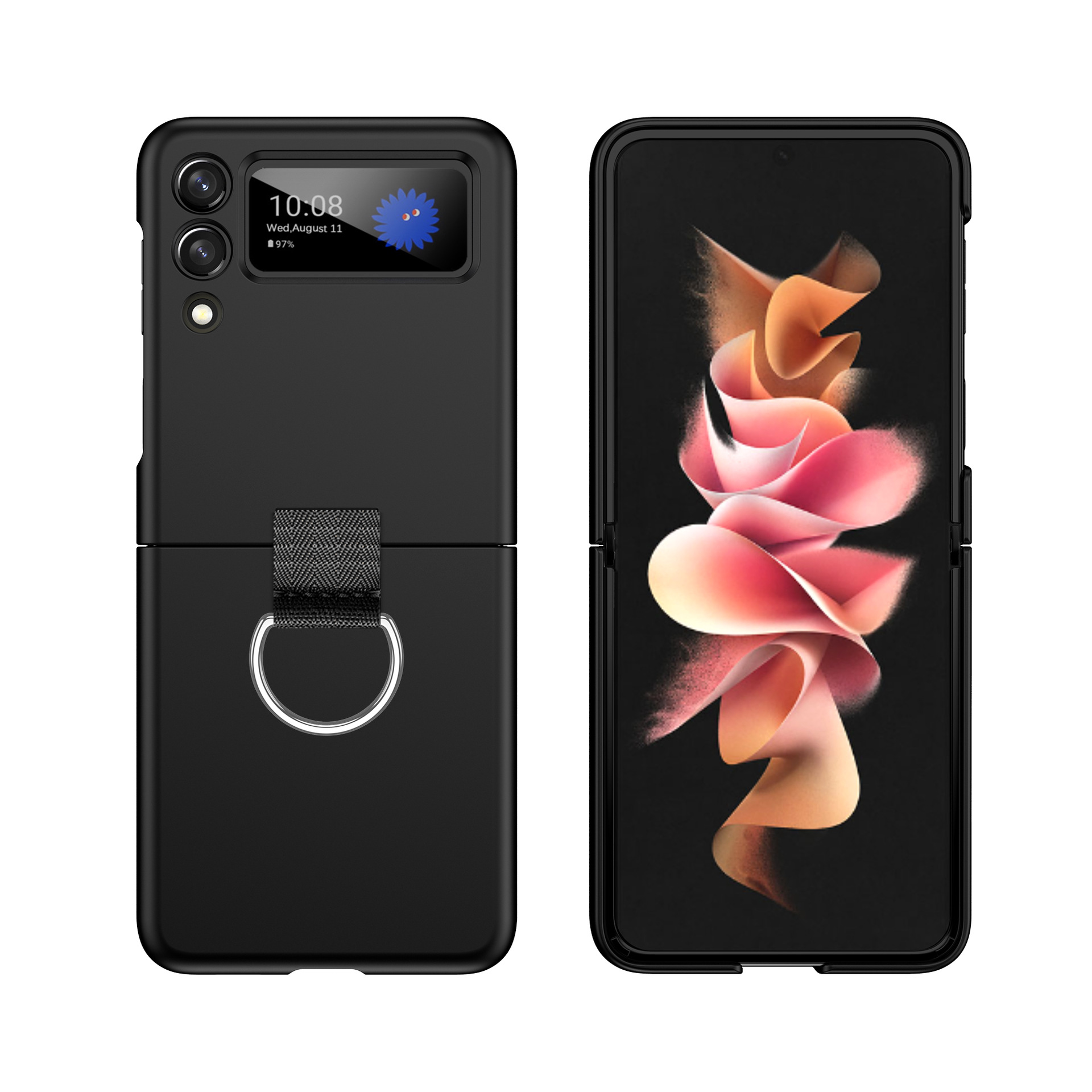 Compatible with Samsung Z Flip 8/7 phone case, 6/5 ultra-thin ribbon drawstring ring, 4/3 folding screen protective case - Black Samsung Z Flip8