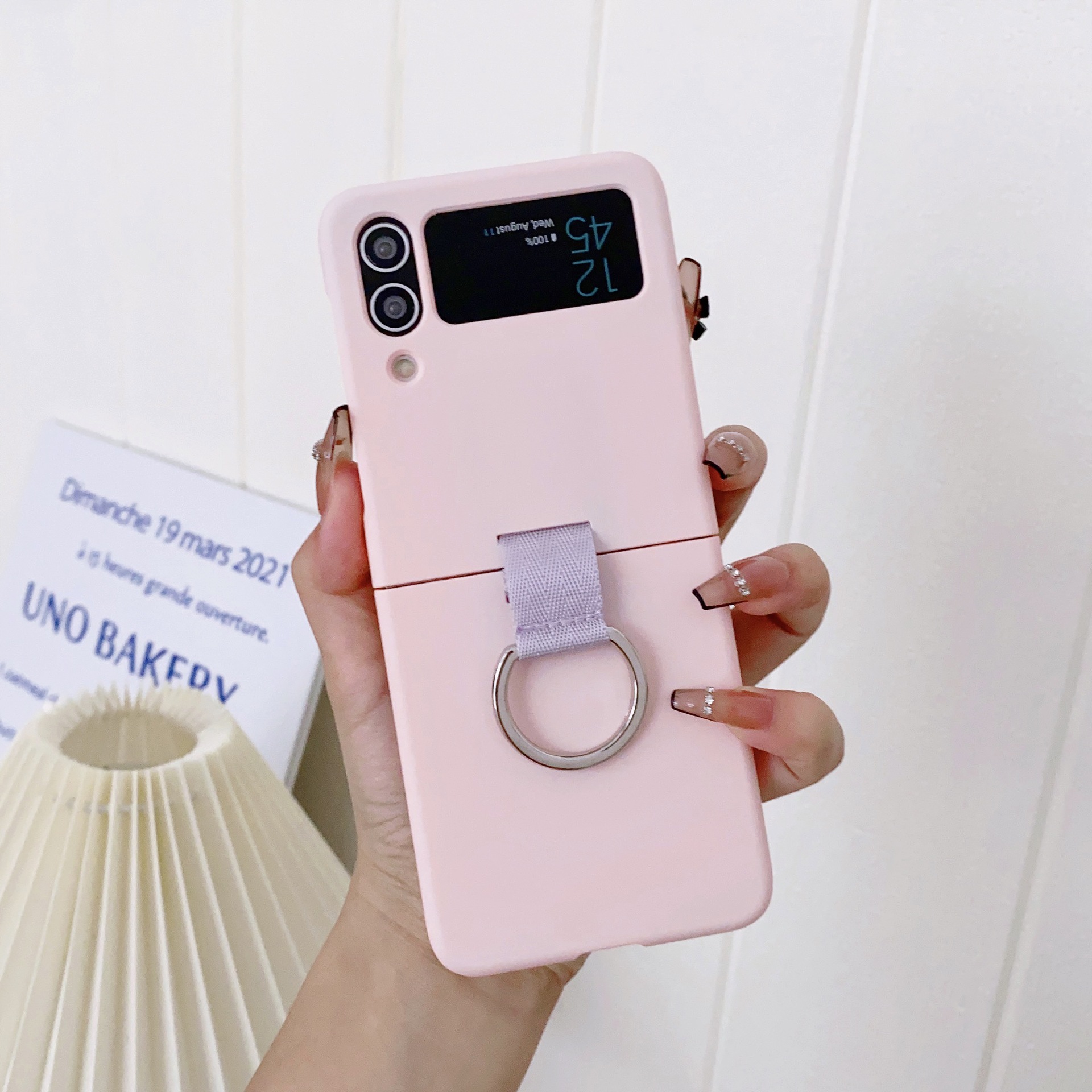 Compatible with Samsung Z Flip 8/7 phone case, 6/5 ultra-thin ribbon drawstring ring, 4/3 folding screen protective case - Pink Samsung Z Flip 8
