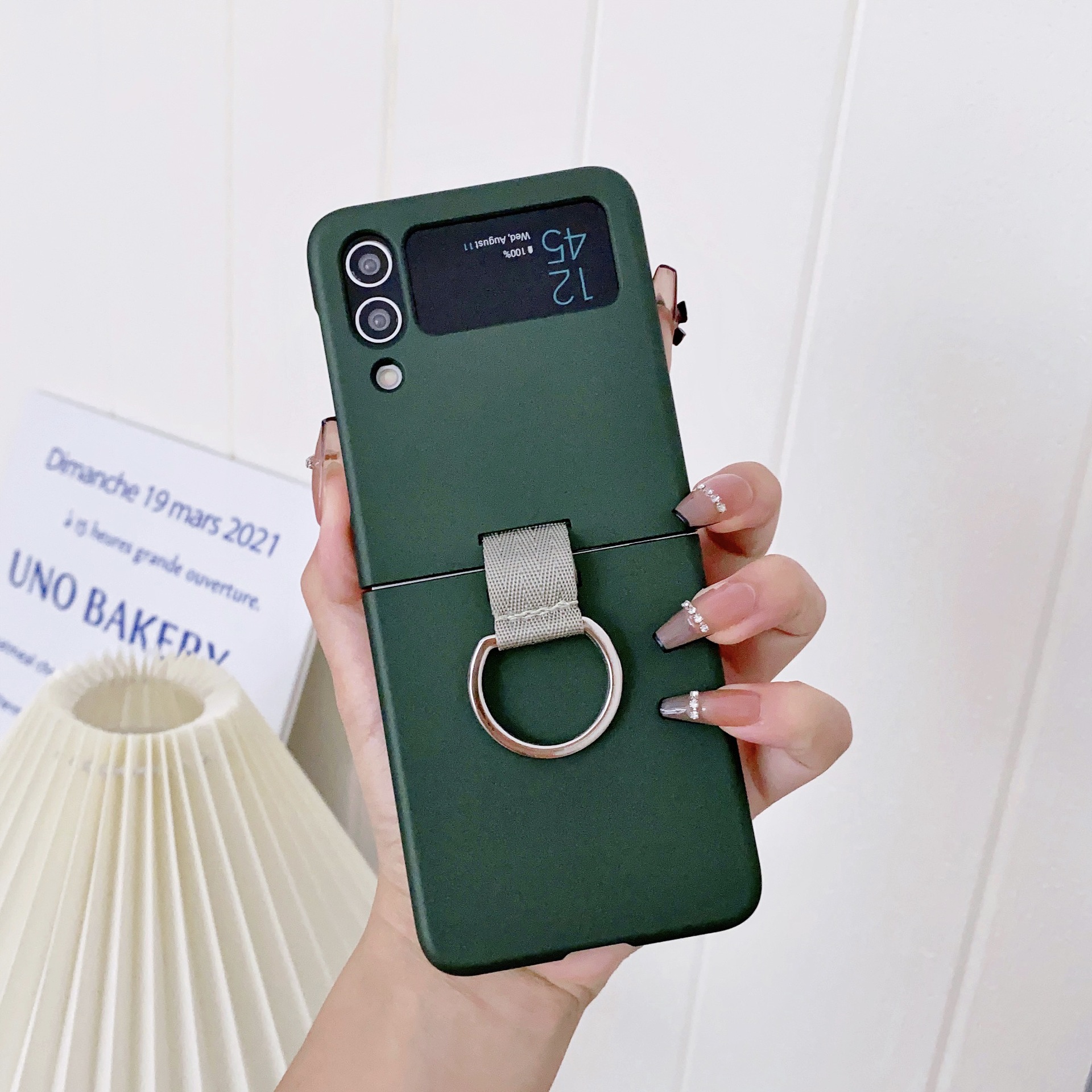 Compatible with Samsung Z Flip 8/7 phone case, 6/5 ultra-thin ribbon drawstring ring, 4/3 folding screen protective case - Military Green Samsung Z Flip 8