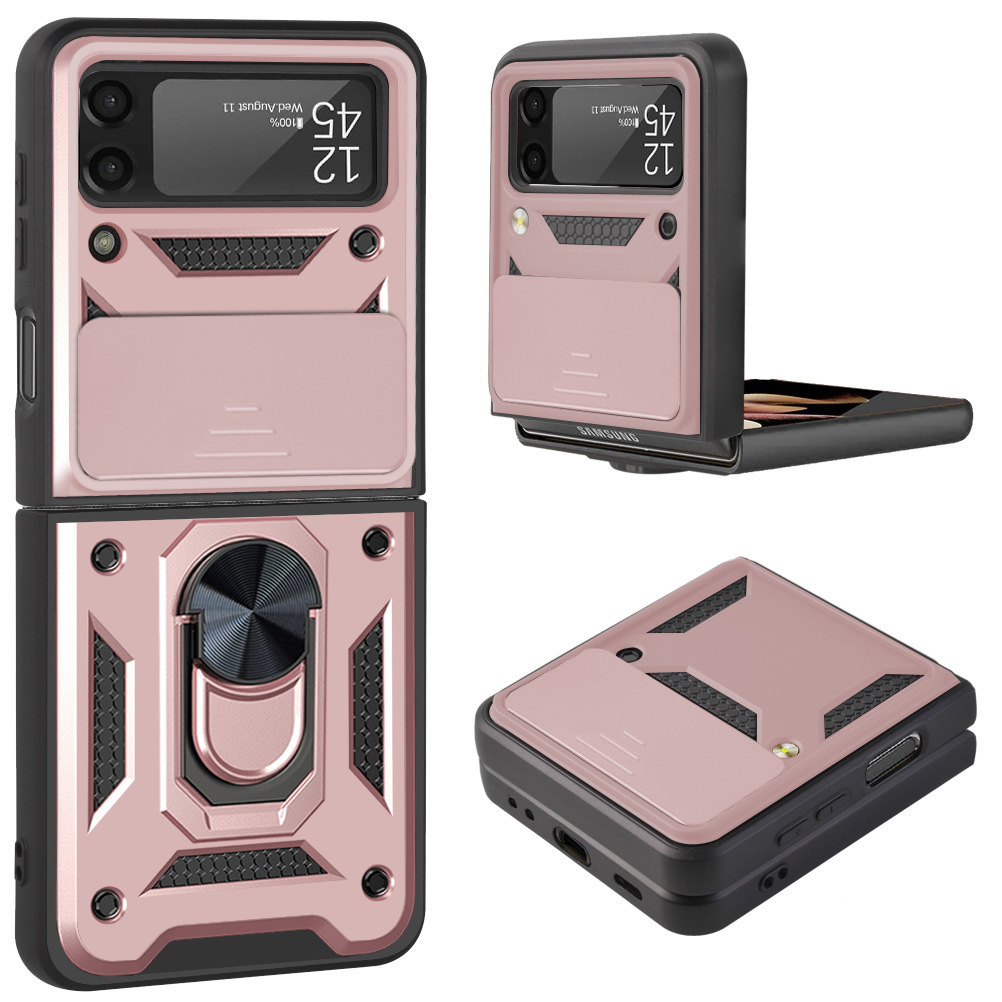 Compatible with Samsung Z Flip 7/6/5 phone case, magnetic ring holder, 4/3-inch sliding lens folding screen protective case - Rose Gold Samsung Z Flip 3 [Push-Window Lens]