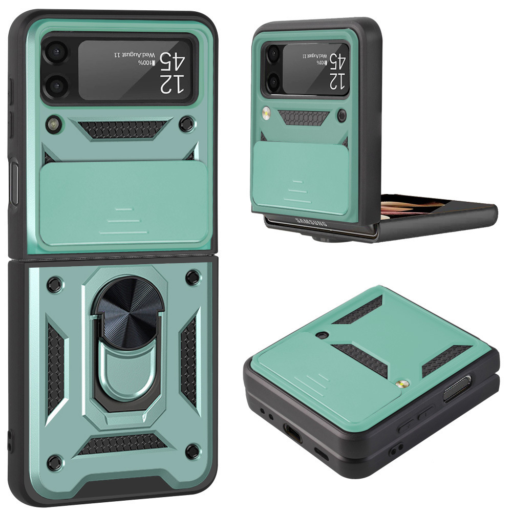 Compatible with Samsung Z Flip 7/6/5 phone case, magnetic ring holder, 4/3-inch sliding lens folding screen protective case - Dark green Samsung Z Flip 3 [Push-up lens]
