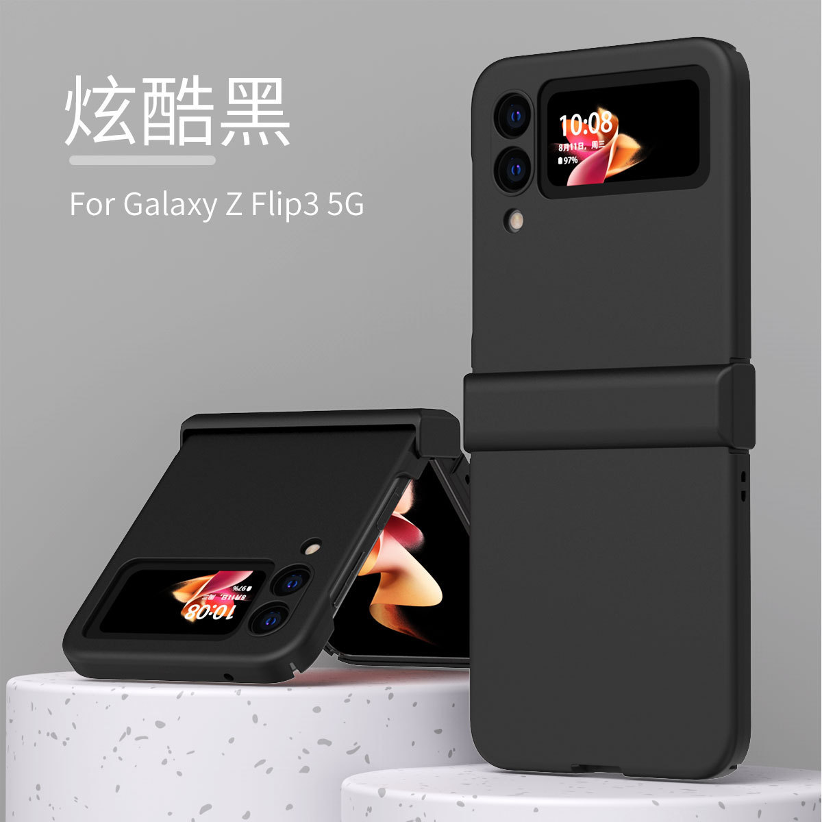 Transparent solid color macaron hinge protective case for Samsung Z Flip 5/4/3 foldable phones. - Macaron Black Samsung ZFlip 3