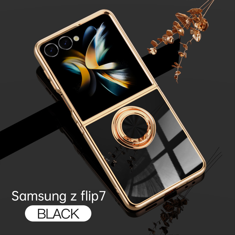 Compatible with Samsung Z Flip 8/7 phone case, 6/5 electroplated, car magnetic ring, stylish 4/3 drop-proof protective case. - Classic Black Samsung Z Flip 8