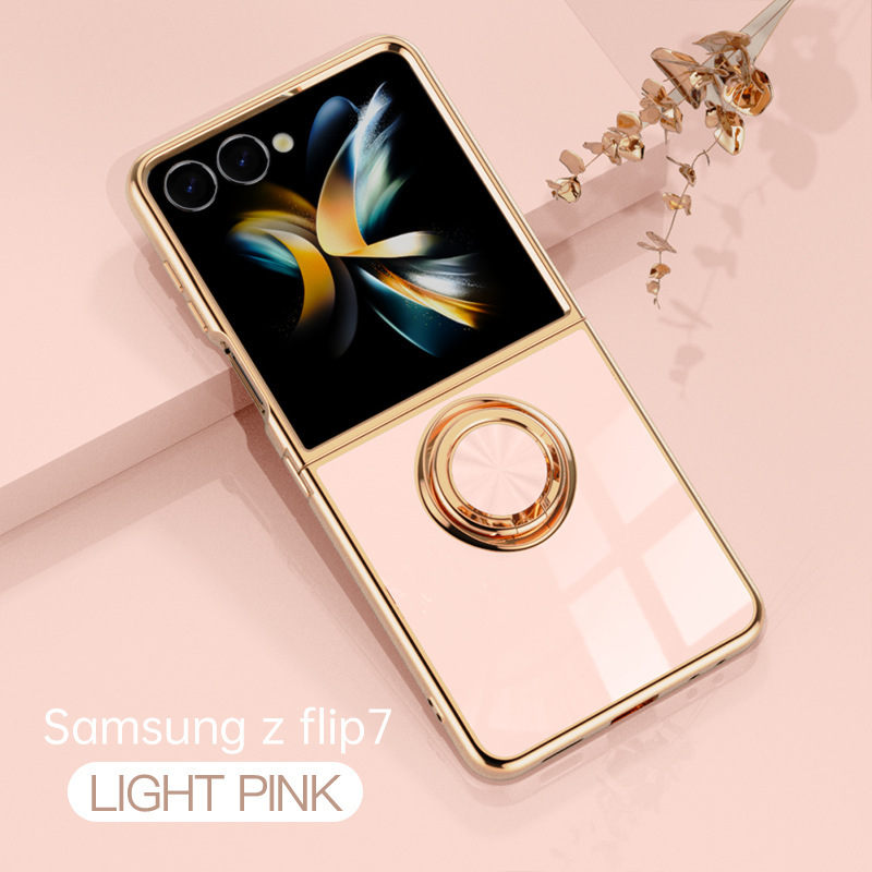 Compatible with Samsung Z Flip 8/7 phone case, 6/5 electroplated, car magnetic ring, stylish 4/3 drop-proof protective case. - Light pink Samsung Z Flip 8