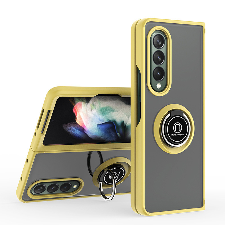 Compatible with Samsung Z Fold7/6/5 phone case, 4/3 ring holder, frosted semi-transparent folding screen, drop-proof protective case - Yellow Samsung Z Fold7