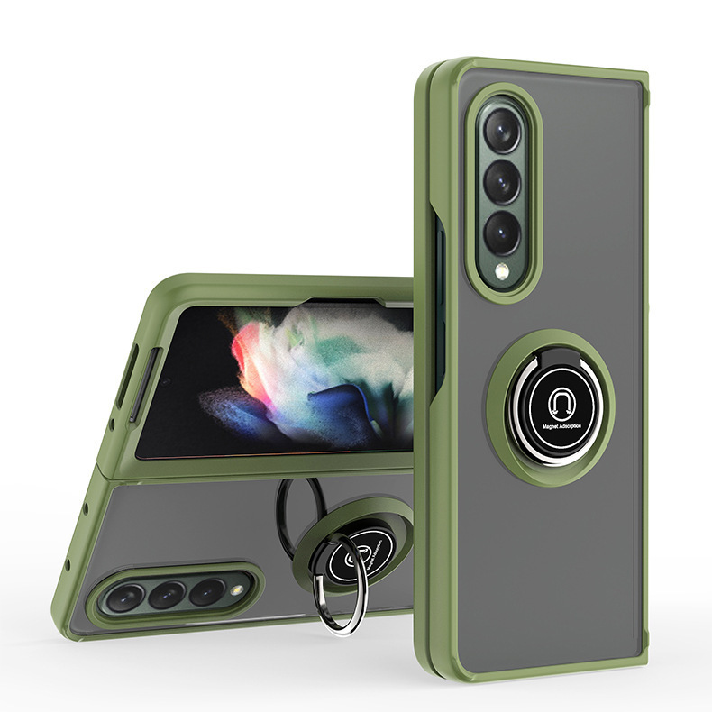 Compatible with Samsung Z Fold7/6/5 phone case, 4/3 ring holder, frosted semi-transparent folding screen, drop-proof protective case - Matcha Brown Samsung Z Fold7