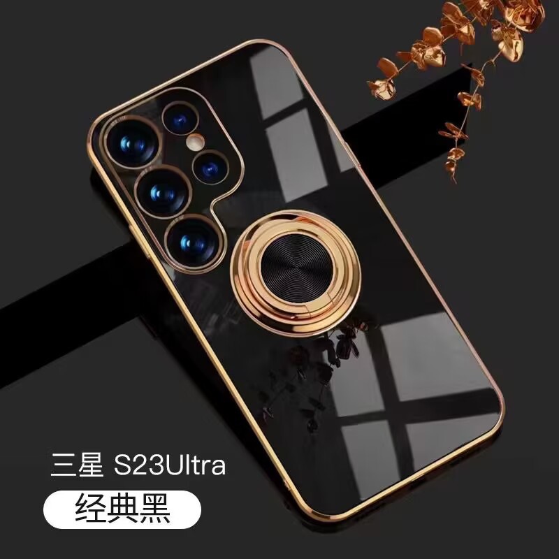 Compatible with Samsung S26/S25 Ultra phone case A16 electroplated ring buckle S24 Plus magnetic car protective case - Classic Black S26 Ultra Fine Hole