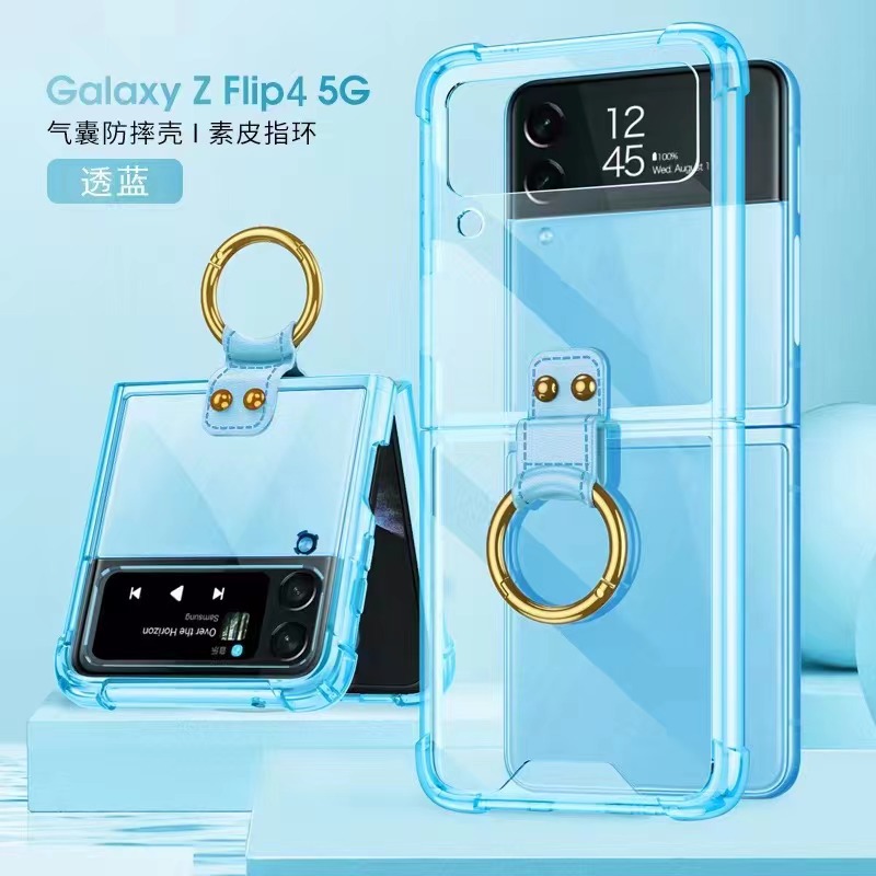 Compatible with Samsung Z Flip 4/3 phone case, 5/6 ring, ultra-thin folding transparent minimalist airbag drop-proof protective case - [Airbag Ring] Translucent Blue Samsung ZFlip 4