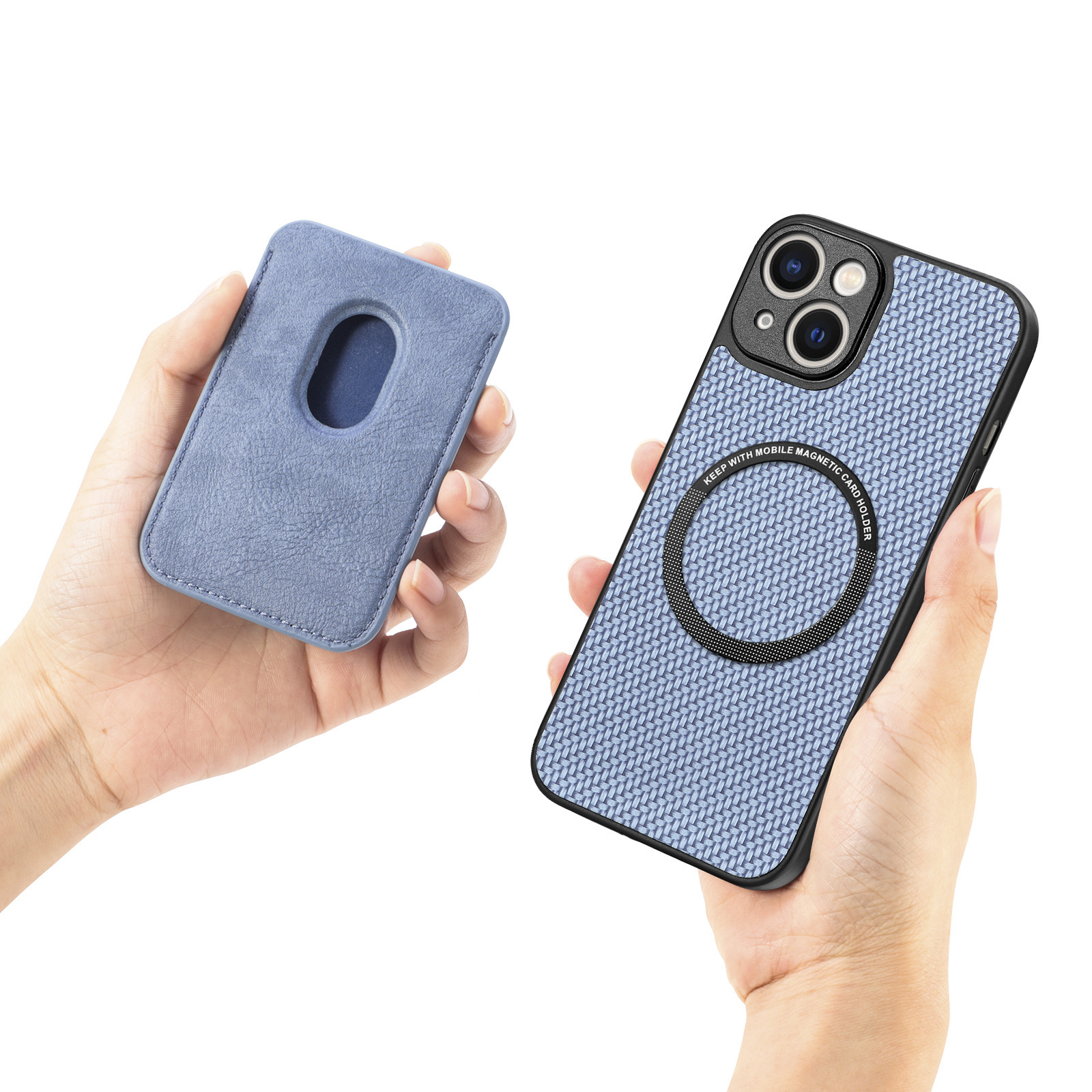 Compatible with Apple iPhone 16 Pro Max, 15/14 Plus magnetic card holder, 13 fiber texture XR shockproof protective case - Blue iPhone 13